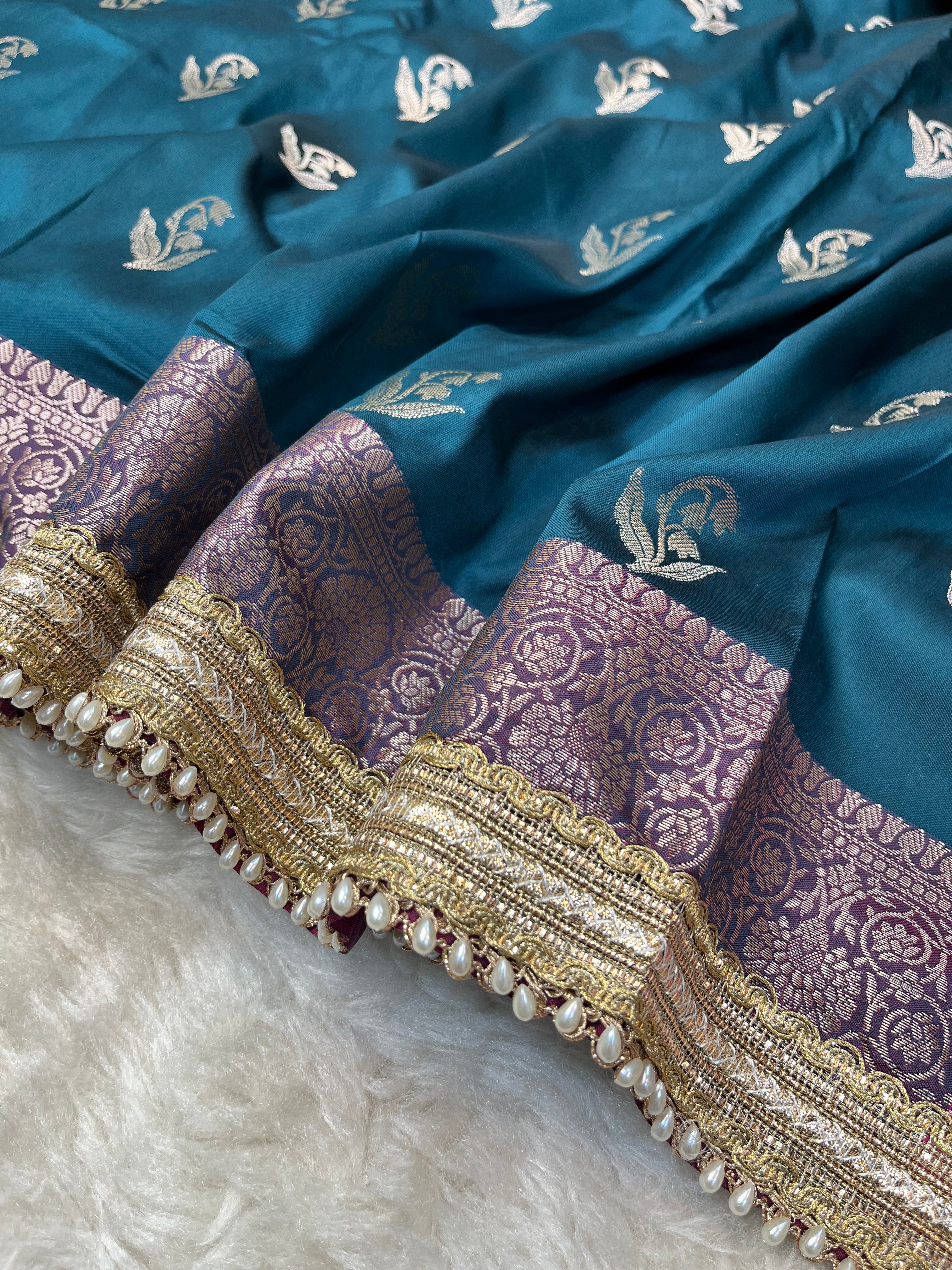 Regal Teal & Rani Pink Katan Silk Banarasi Saree with Designer Pearl-Beaded Lace
