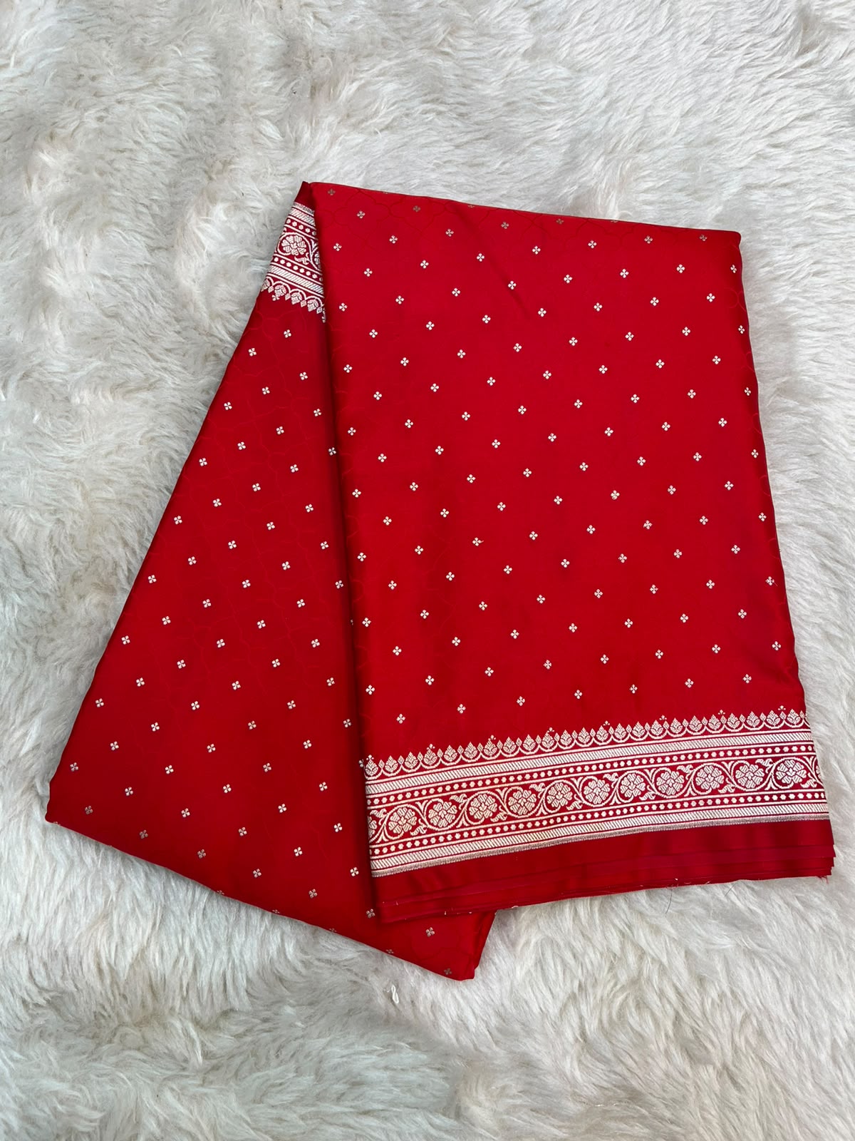 Scarlet Red Banarasi Mashru Silk Saree | Fine Booti Work & Traditional Border