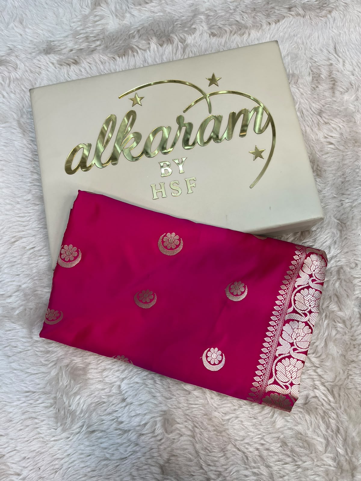 Rani Pink Satin Silk Banarasi Saree with Gold Zari Chand Tara Booti & Rich Jacquard Pallu