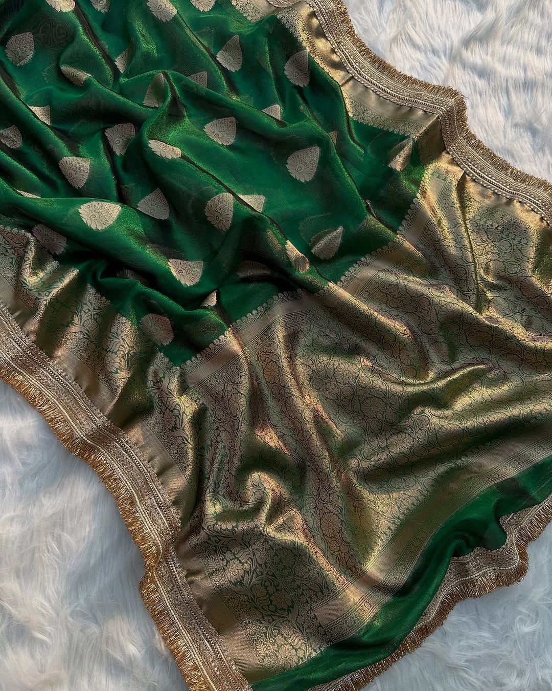 Dark Green Banarasi Tissue Silk Saree with Zari Buta and Kiran Lace