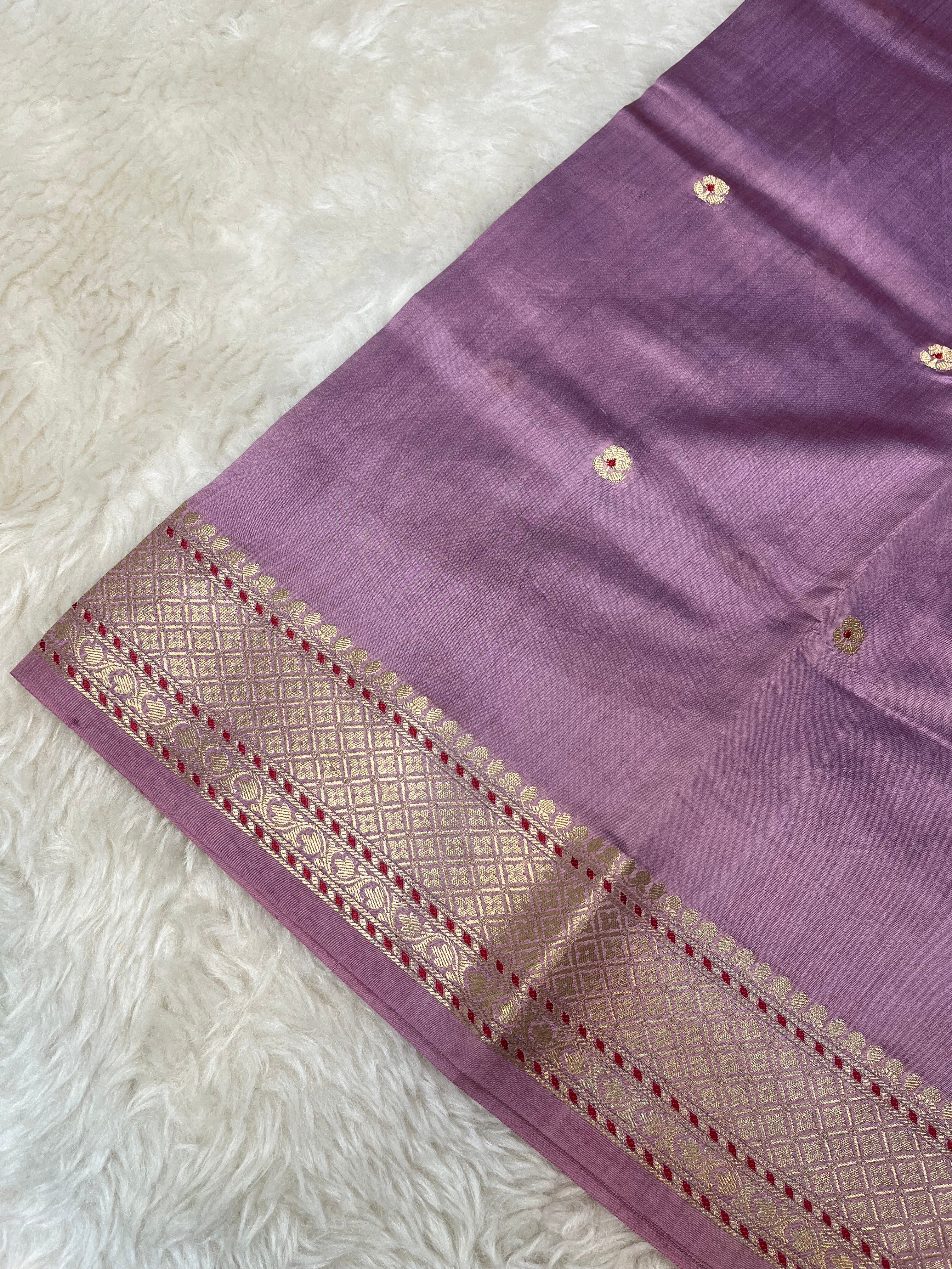 Dusty Lavender Pure Chiniya Silk Saree with Antique Zari Buti and Traditional Border