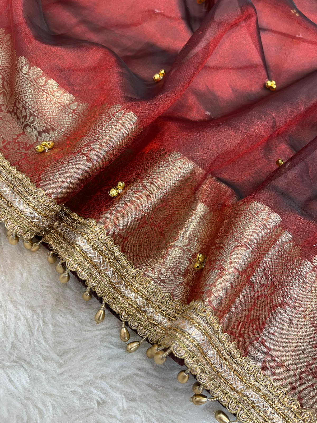 Maroon Banarasi Tissue Silk Saree with Ghungroo Embellishments & Antique Zari