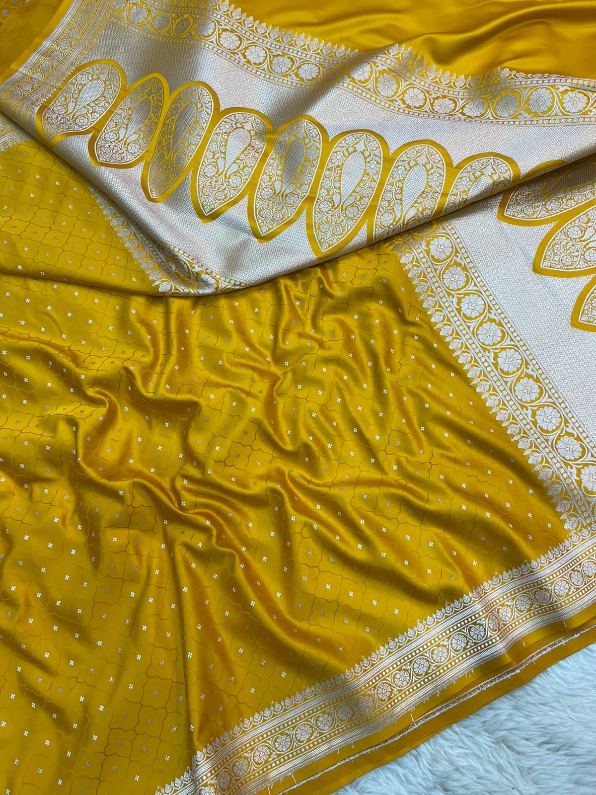Mustard Yellow Banarasi Mashru Silk Saree | Fine Booti Work & Traditional Border