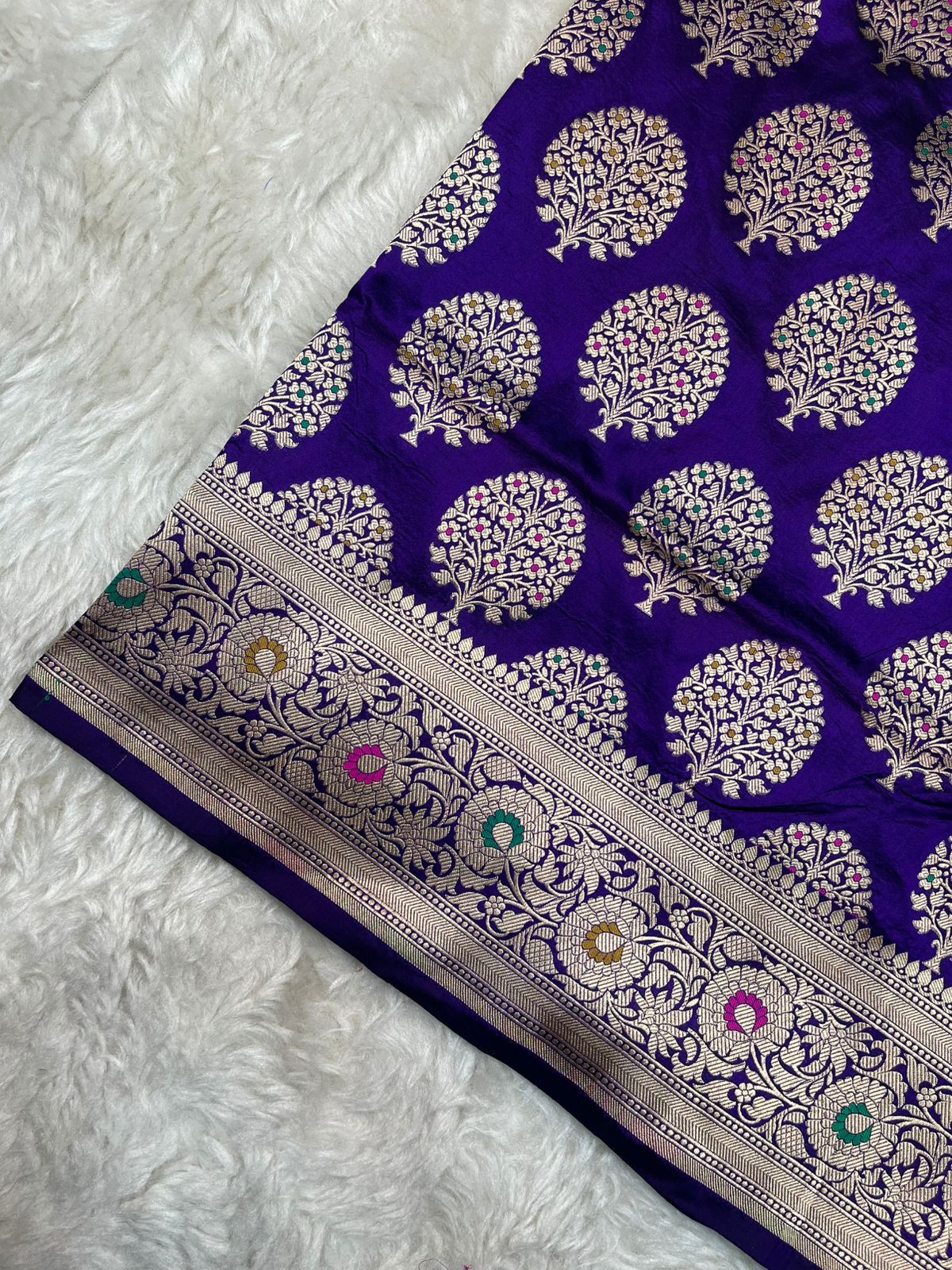Majestic Royal Purple Banarasi Pure Katan Silk Saree featuring Multi-Colored Meenakari Motifs