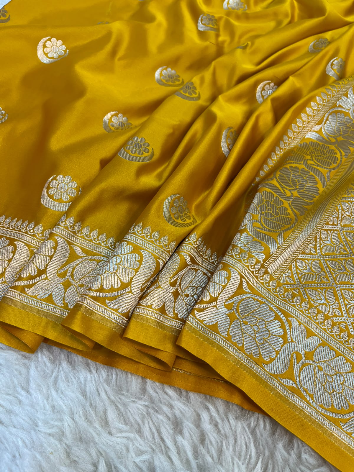 Haldi Yellow Satin Silk Banarasi Saree with Gold Zari Chand Tara Booti & Rich Jacquard Pallu