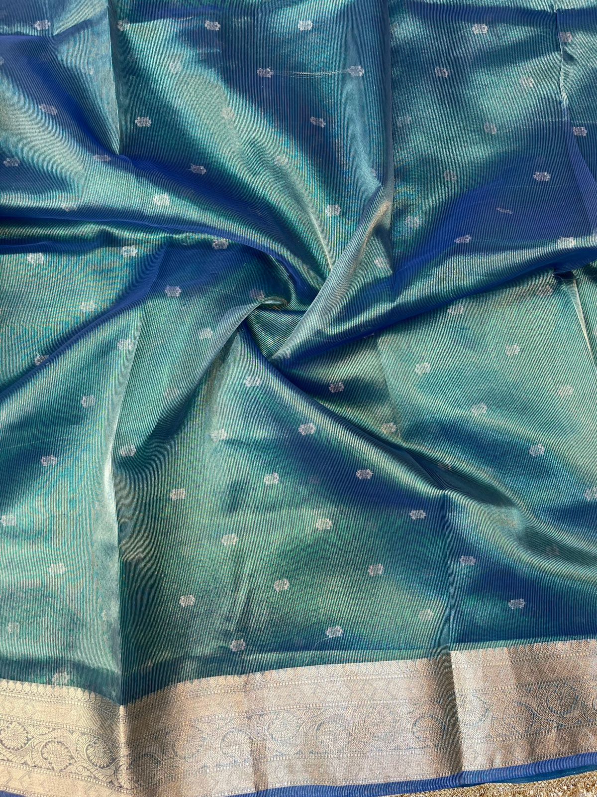Peacock Blue Dual-Tone Tissue Silk Buti Saree with Intricate Lace Embellishments