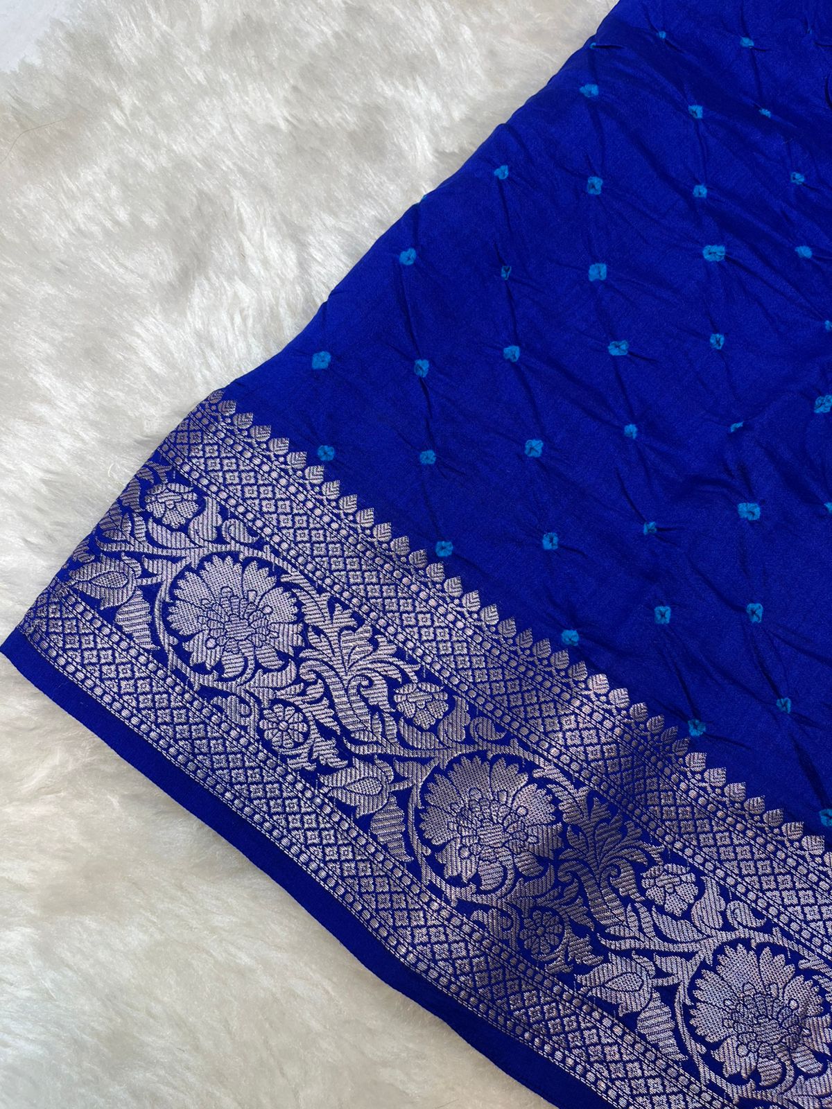 Royal Blue Pure Chiniya Silk Saree - Sonarupa Weave with Traditional Bandhini Work