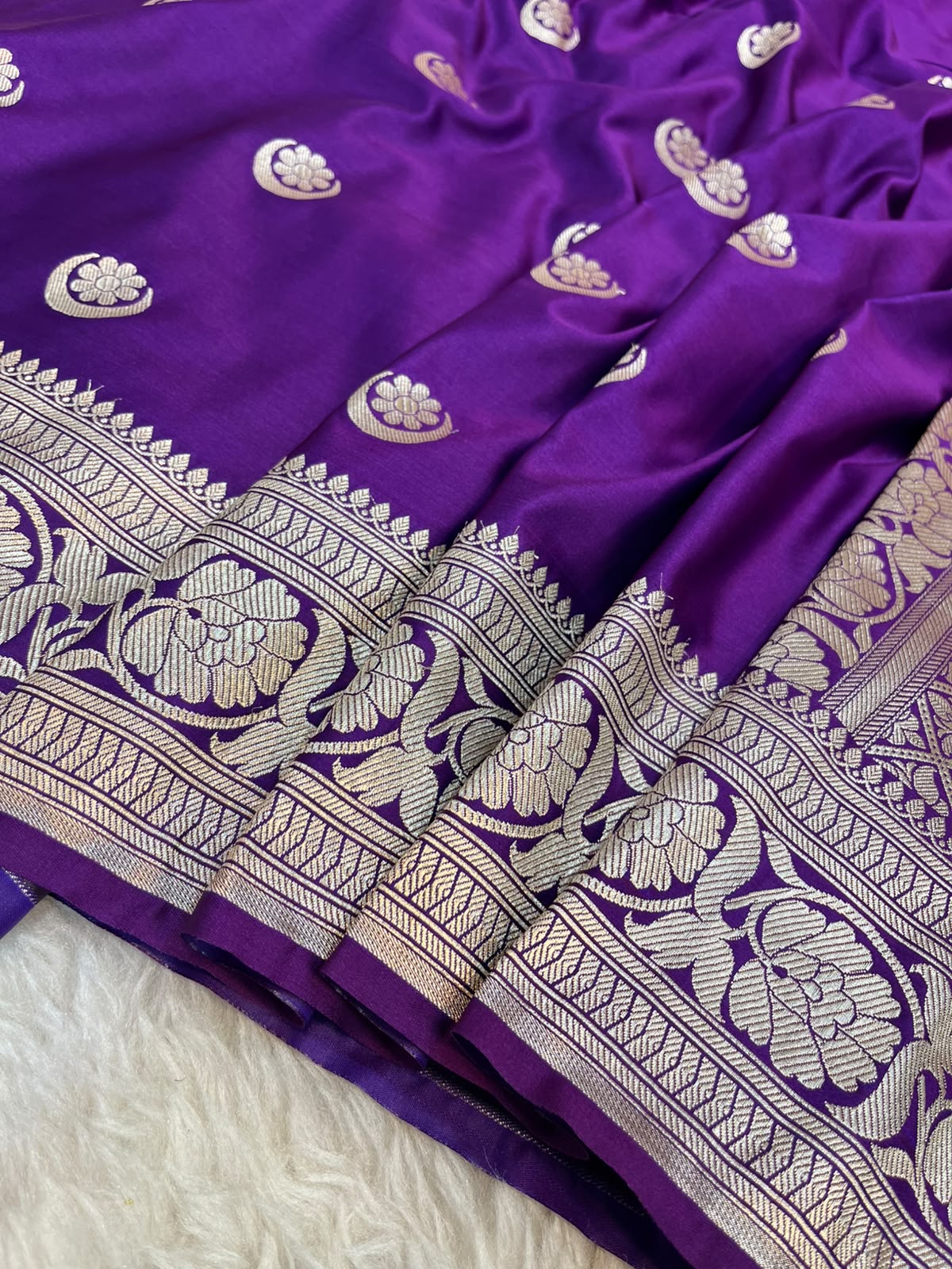 Purple Satin Silk Banarasi Saree with Gold Zari Chand Tara Booti & Rich Jacquard Pallu