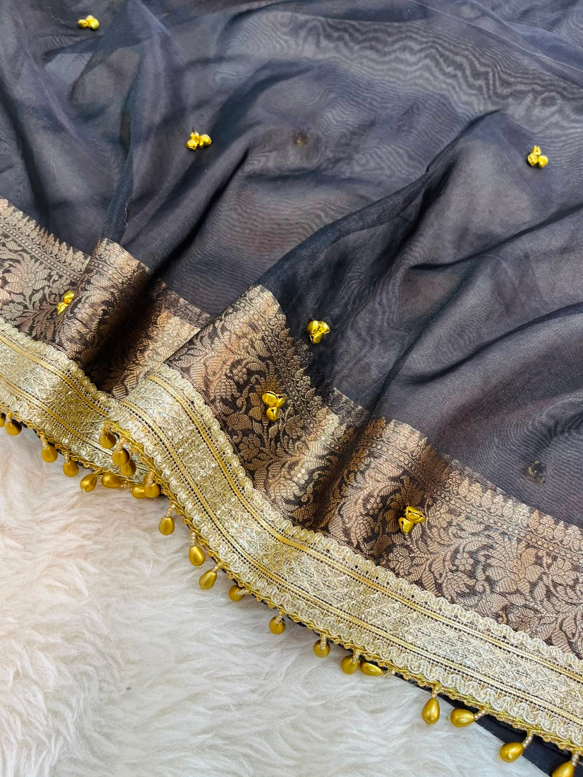 Black Banarasi Tissue Silk Saree with Handcrafted Ghungroo & Antique Zari