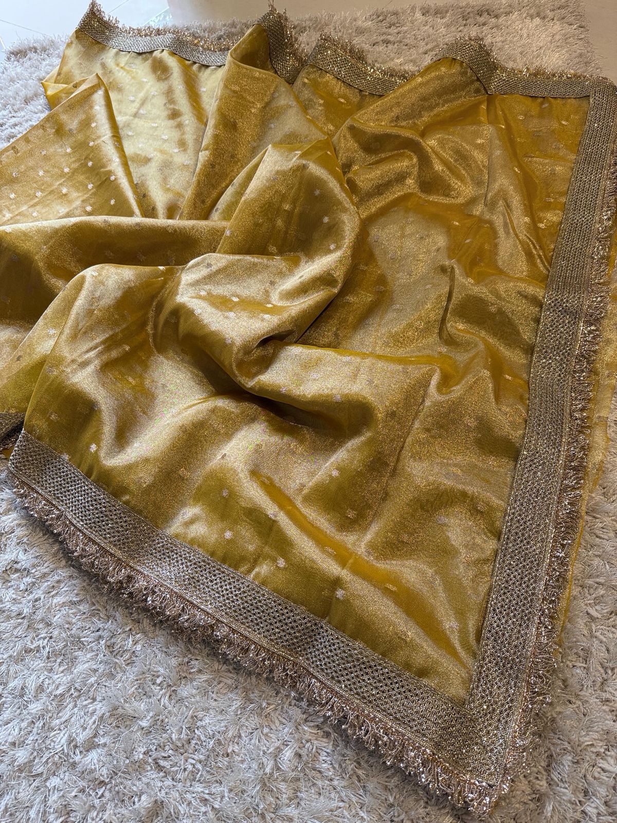 Haldi Gold Tissue Silk Saree with Delicate Zari Butis and Fringed Border