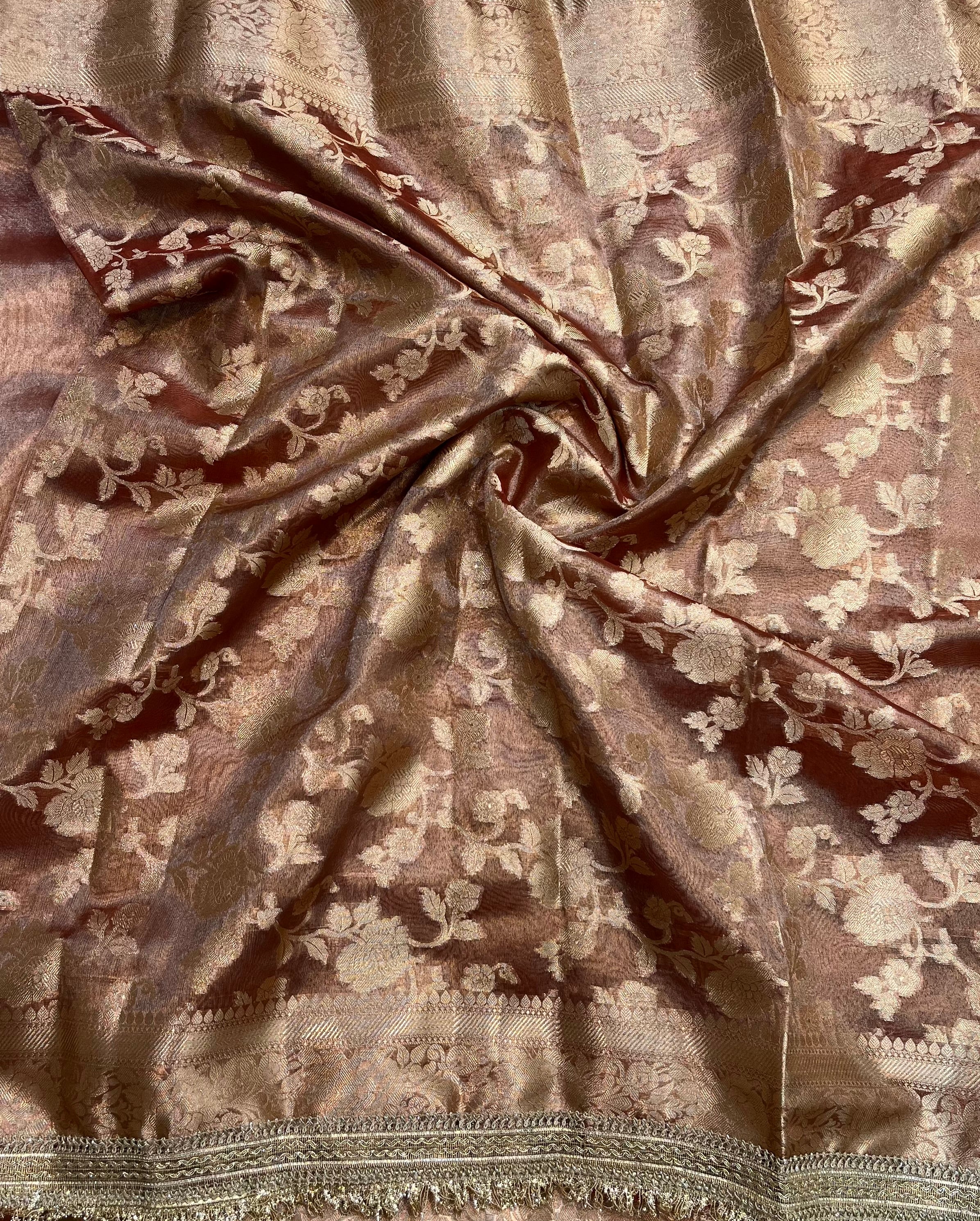 Luminous Metallic Copper Tissue Silk Saree Featuring Vintage Fringe & Scalloped Zari Borders