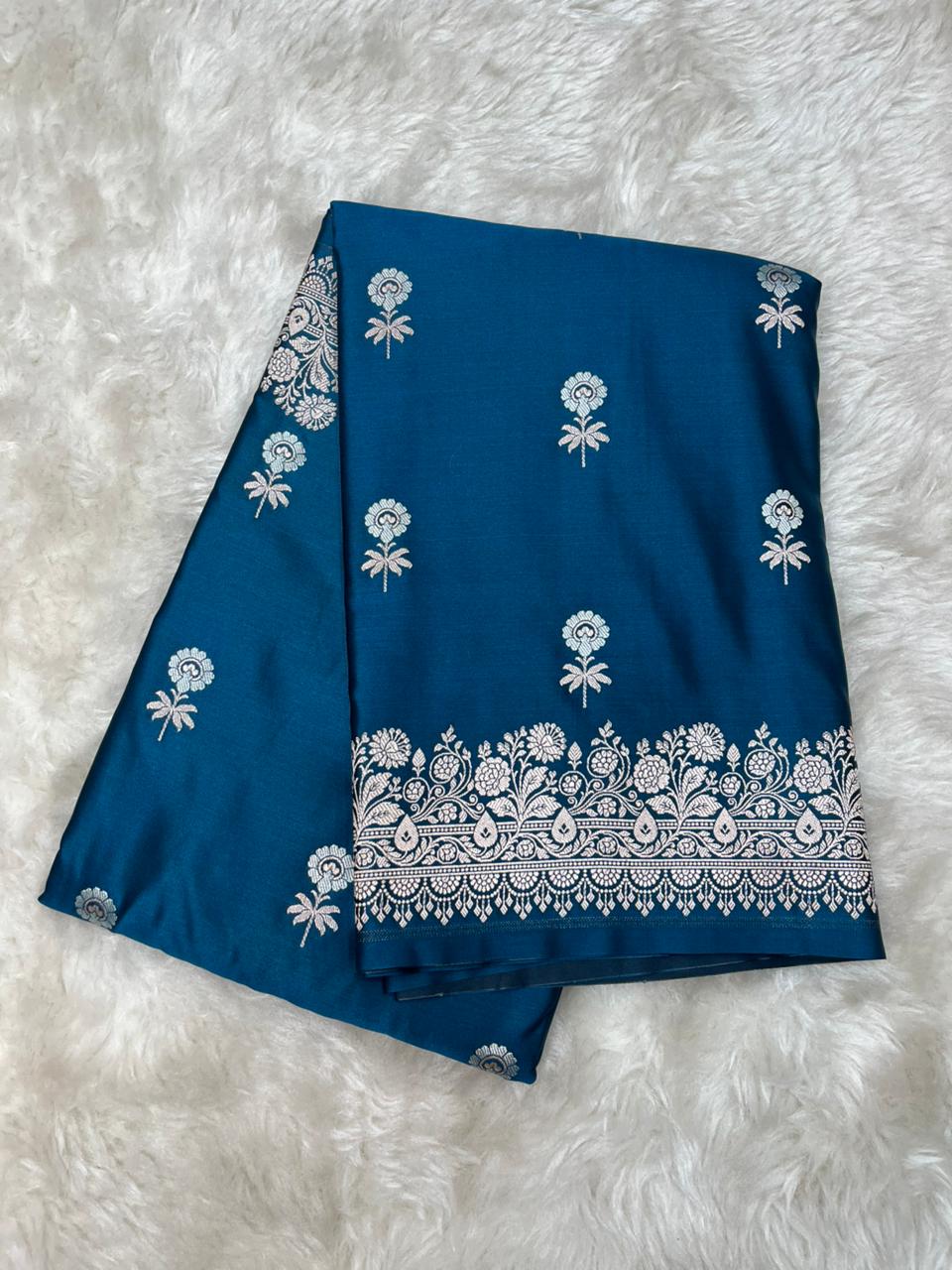 Deep Teal Blue Mashru Silk Sonarupa Weaving Saree