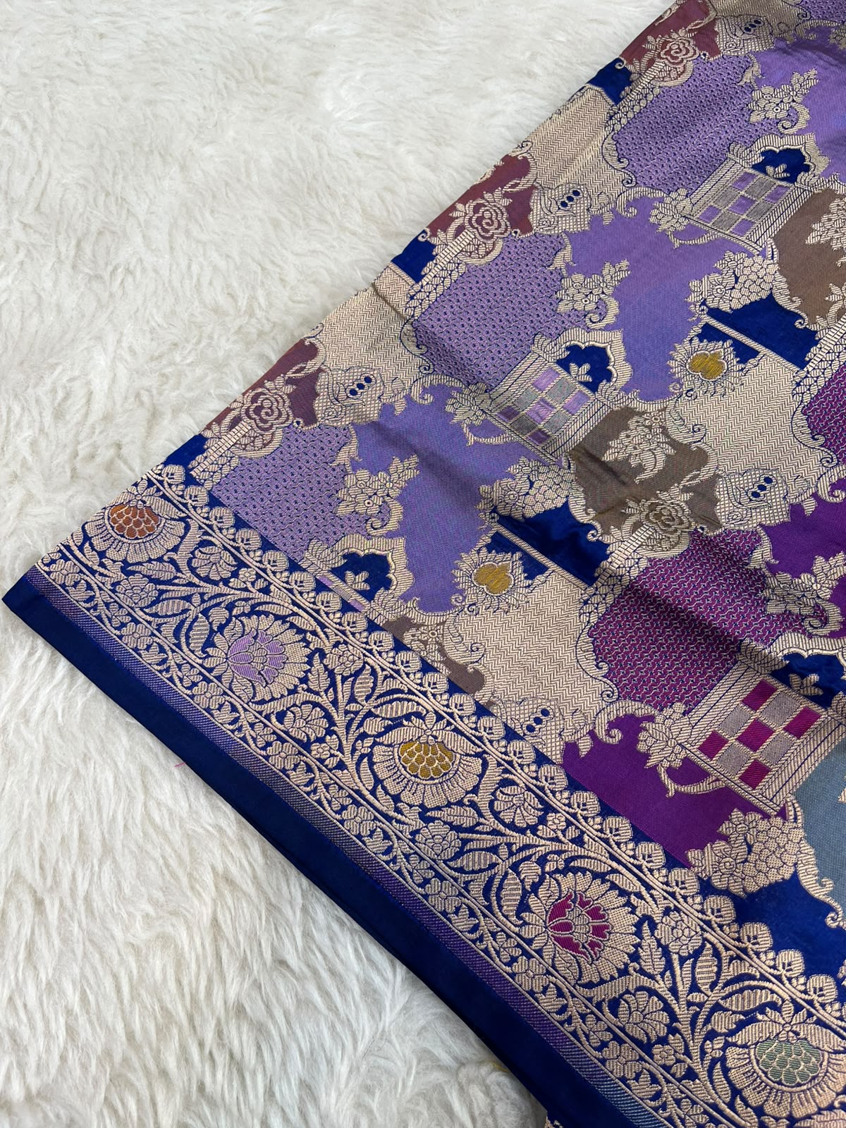 Multicolored Pure Katan Silk Banarasi Rangkat Saree with Intricate Gold Zari & Meena Work