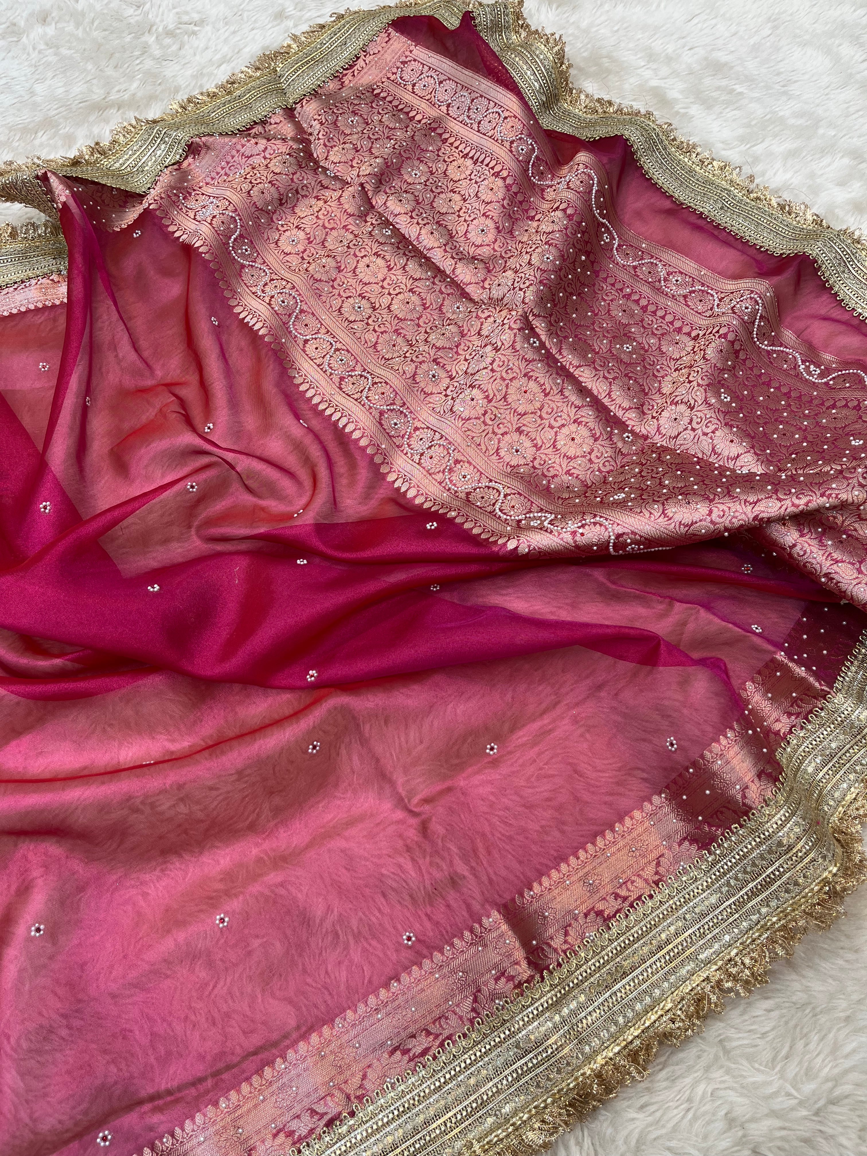 Rani Pink Maharani Tissue Silk Saree with Banarasi Zari Pallu,Intricate Stonework,and Designer Lace Border