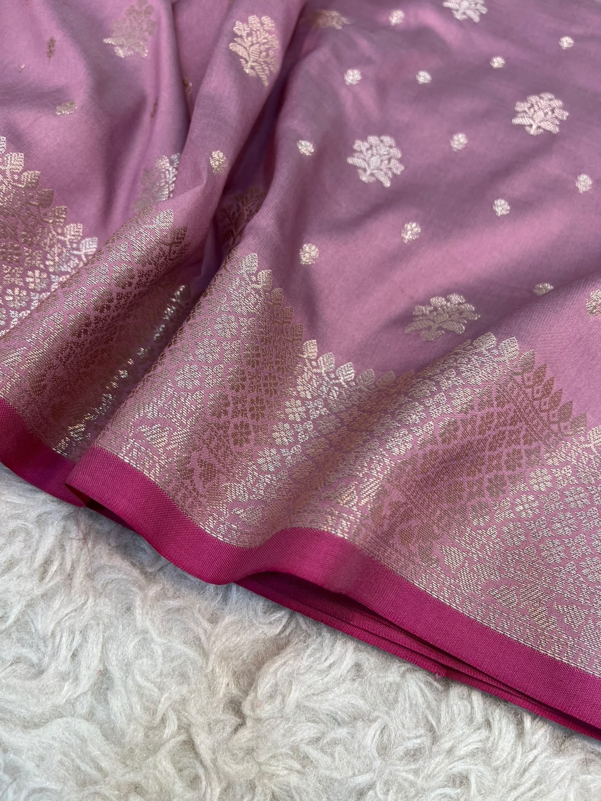 Dusty Rose Banarasi Soft Katan Silk Saree with Traditional Golden Floral Butis & Rich Pallu