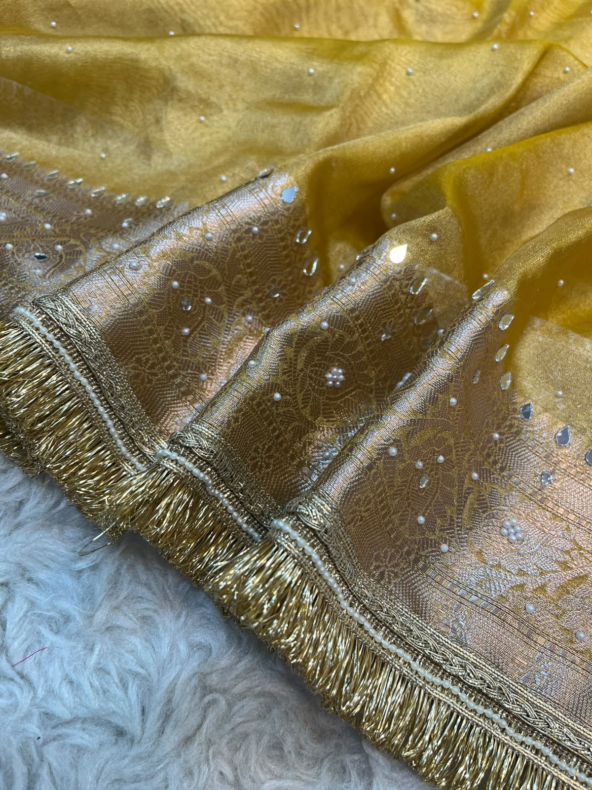 Haldi Special Tissue Silk Saree in Mustard Yellow – Mirror & Stone Handwork with Traditional Fringe Lace Border
