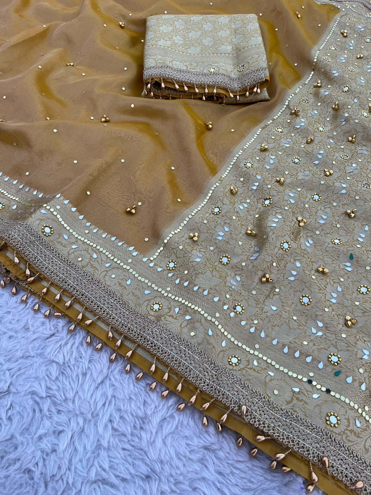 Metallic Gold Tissue Silk Saree with Mirror & Ghungroo Embellishments