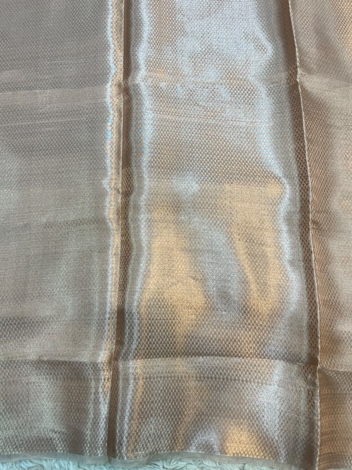 Pure Banarasi Tissue Silk Saree in Copper Champagne with Gold Zari Floral Jaal Border
