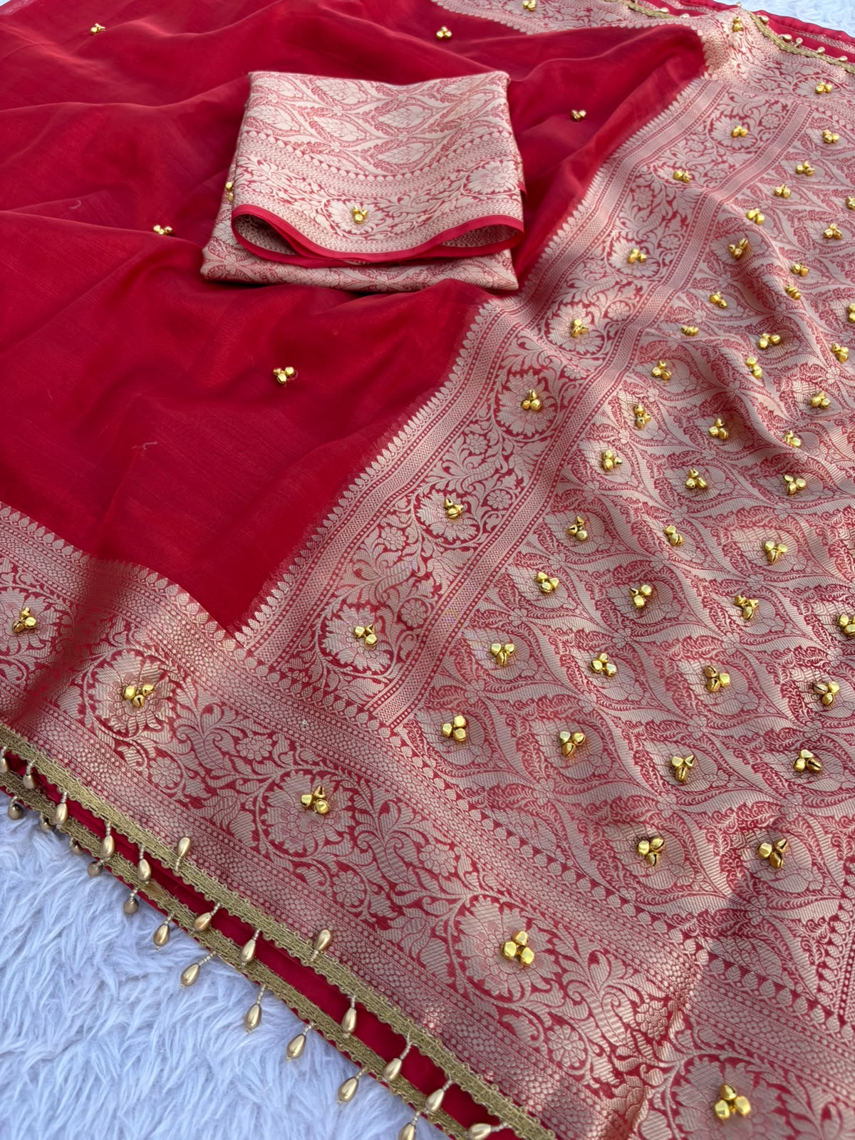 Bridal Sindoor Red Tissue Silk Saree Embellished with Ghungroo & Banarasi Zari Border