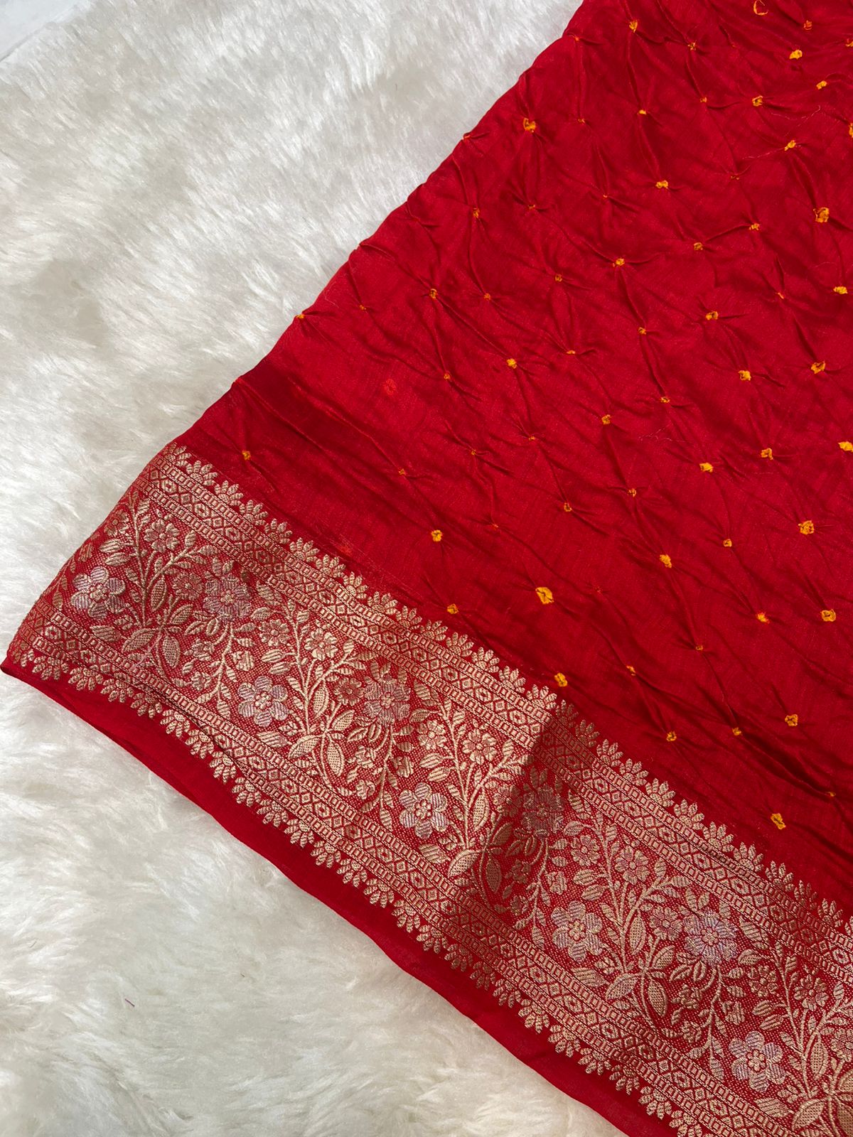 Crimson Red Pure Chiniya Silk Saree - Sonarupa Weave with Traditional Bandhini Work