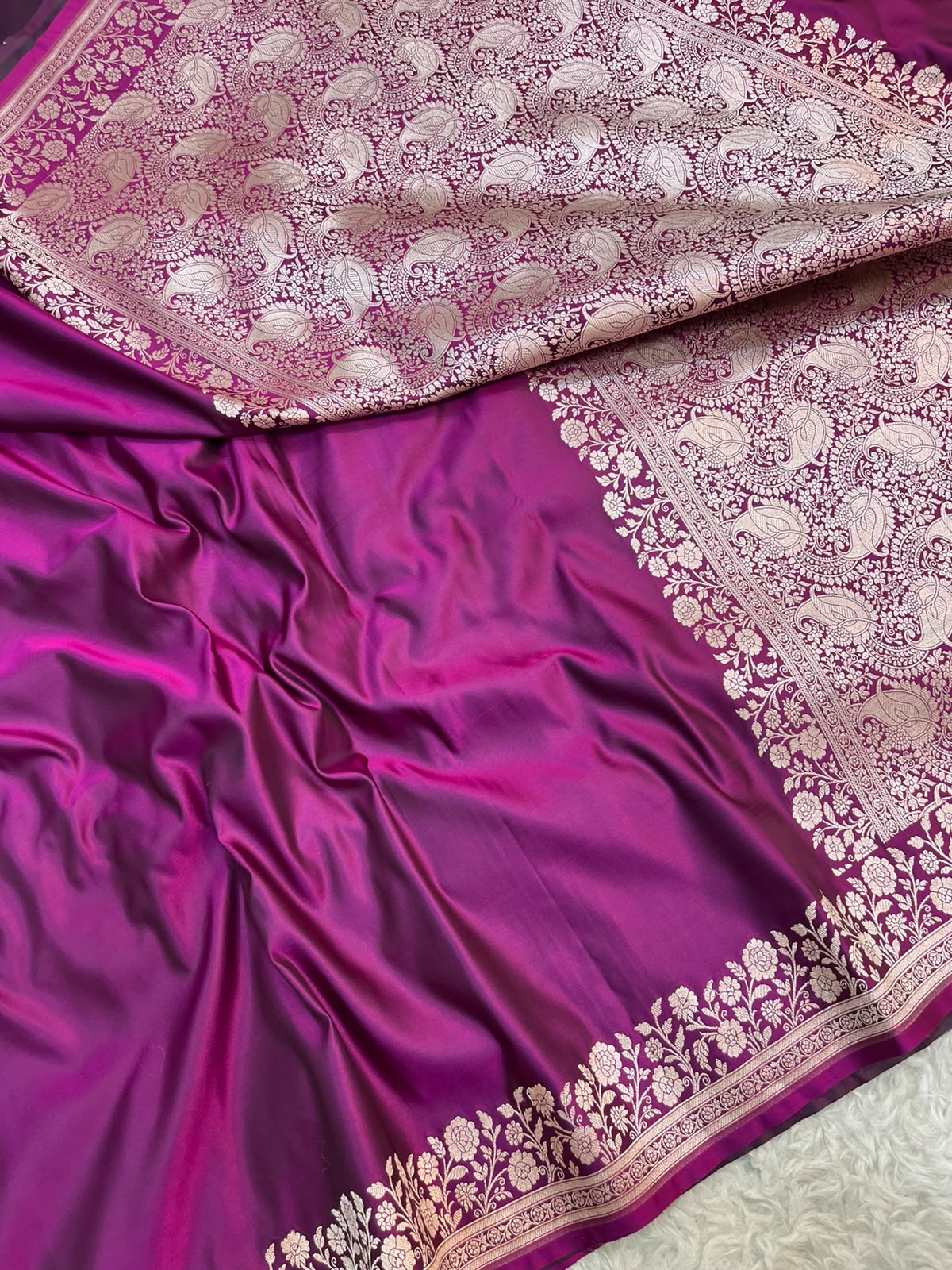 Majenta Wine Banarasi Mashru Silk Saree with Water Zari Paisley Pallu
