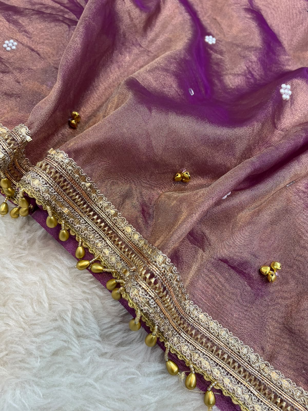 Metallic Wine Dual-Tone Tissue Silk Saree with Ghungroo & Handcrafted Stonework Border