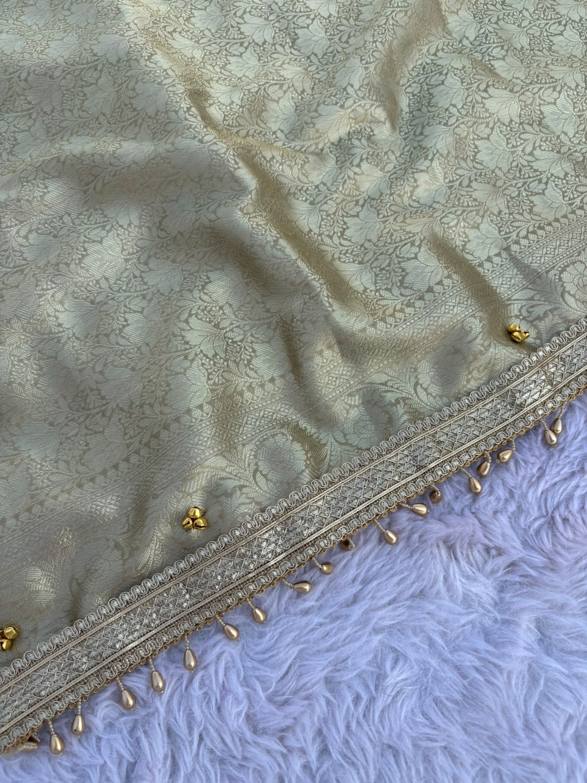 Mint Pista Tissue Silk Saree with Handcrafted Ghungroo work & Banarasi Zari Woven Pallu