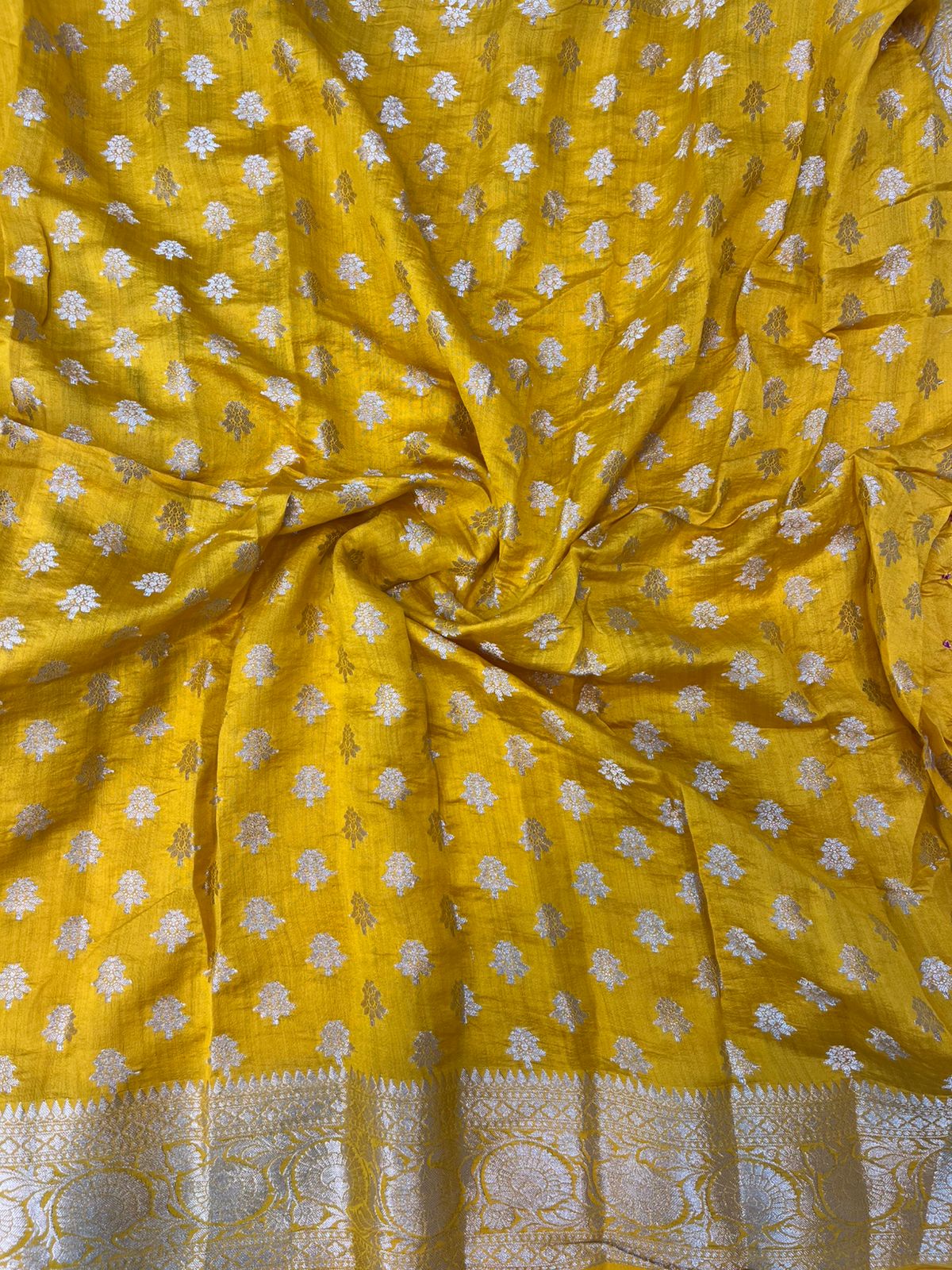 Mustard Yellow Pure Chiniya Silk Saree - Sonarupa Weave with Traditional Bandhini Work
