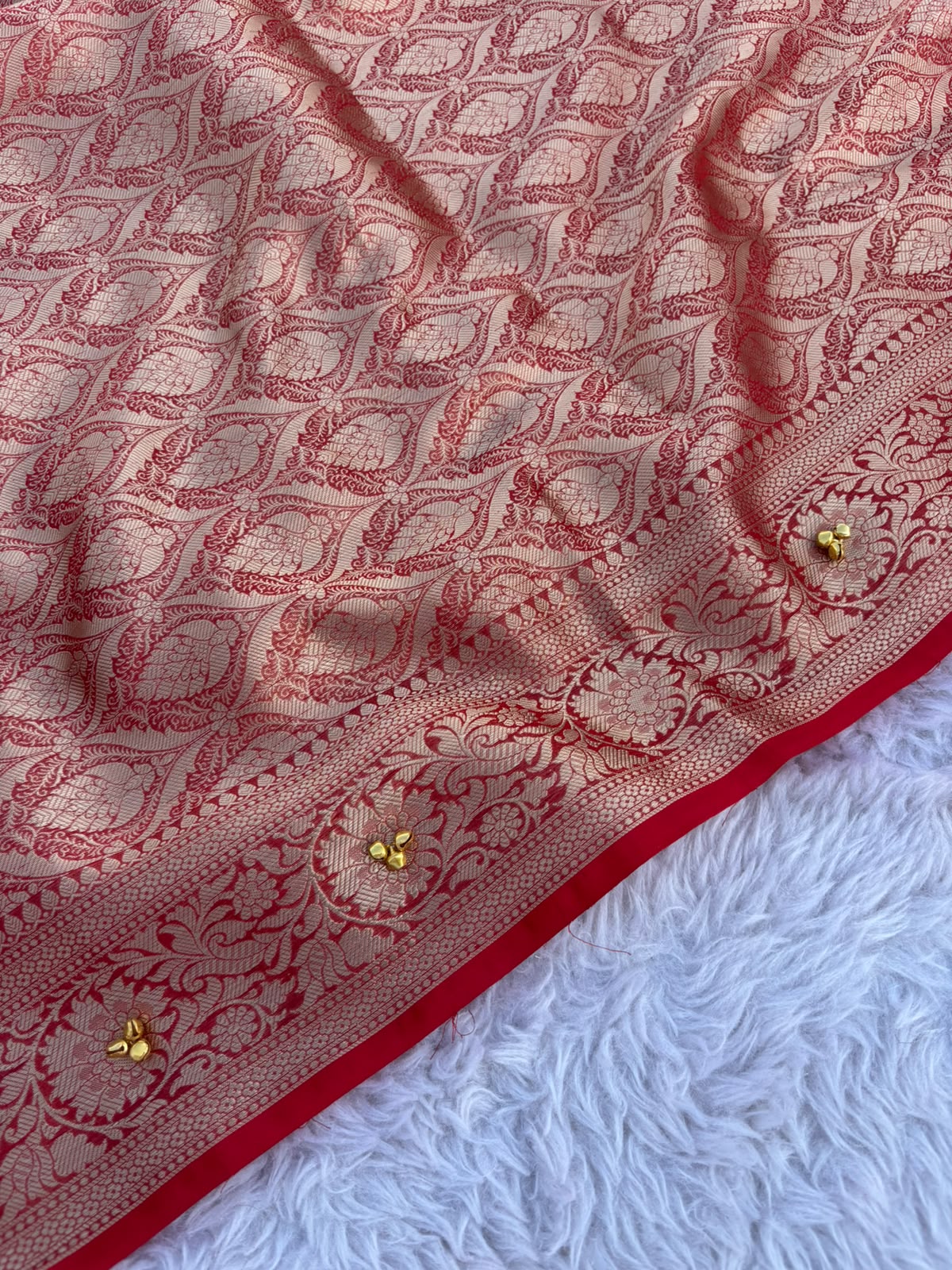 Bridal Sindoor Red Tissue Silk Saree Embellished with Ghungroo & Banarasi Zari Border