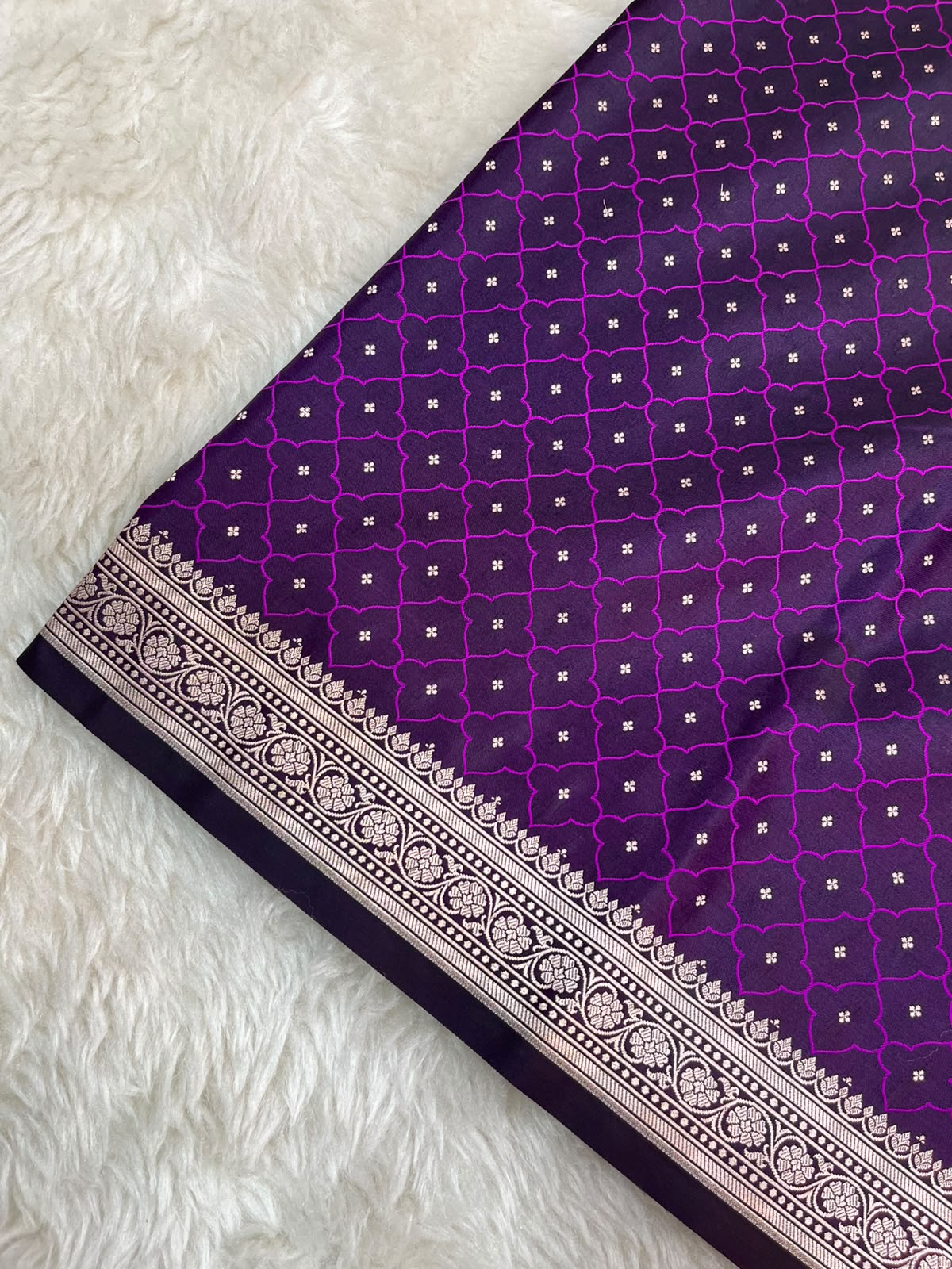 Dark Purple Banarasi Mashru Silk Saree | Fine Booti Work & Traditional Border