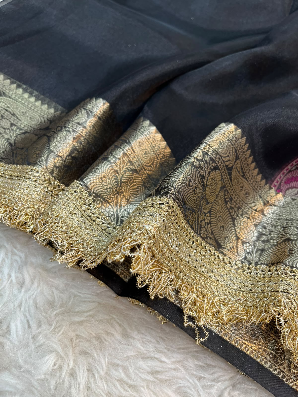 Royal Black Pashmina Tissue Silk Saree with Wine Paisley Pallu and Attached Kiran Lace Border