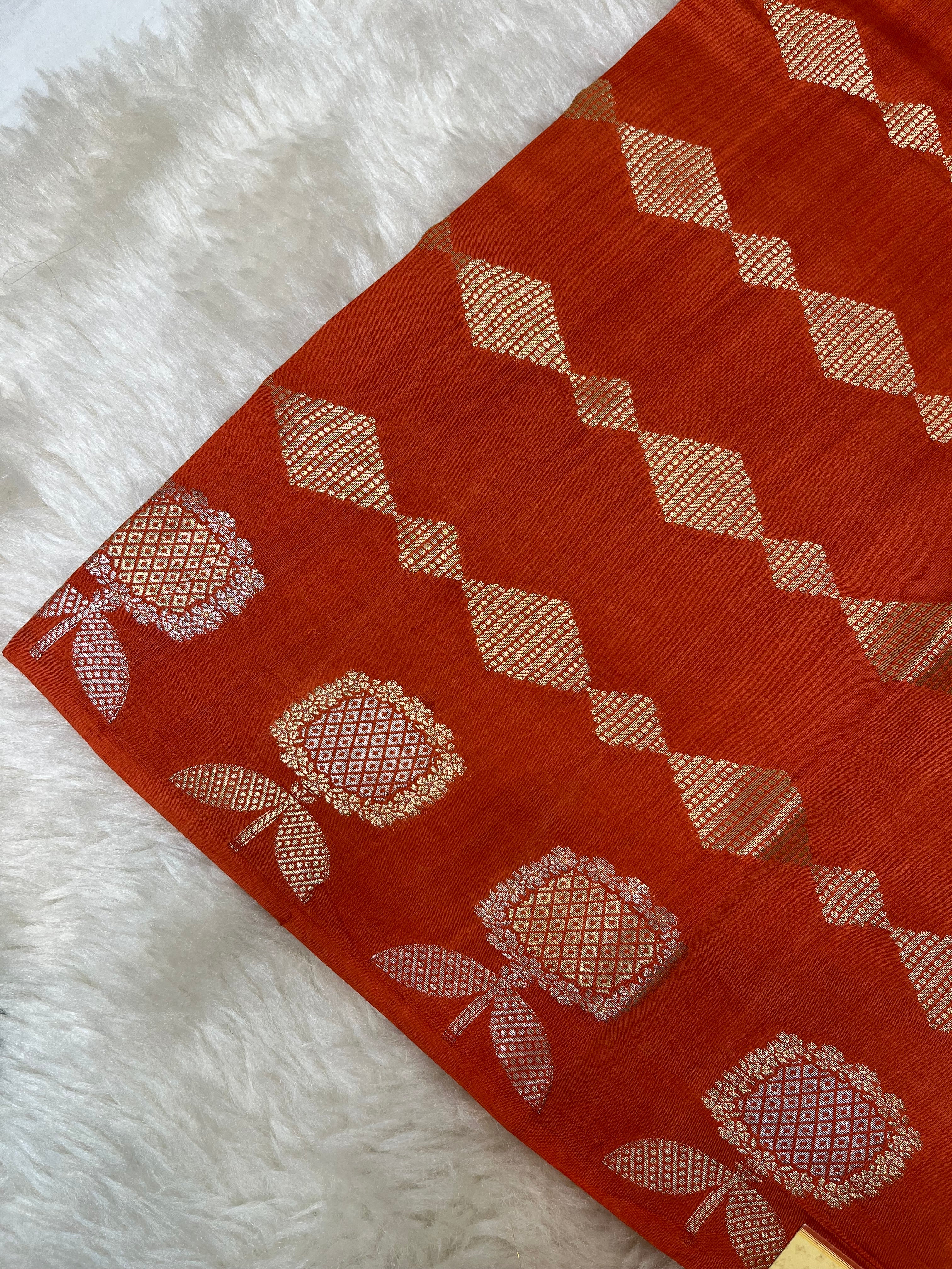 Rust Orange Pure Chiniya Silk Saree - Sonarupa Weave with Intricate Gold and Silver Zari
