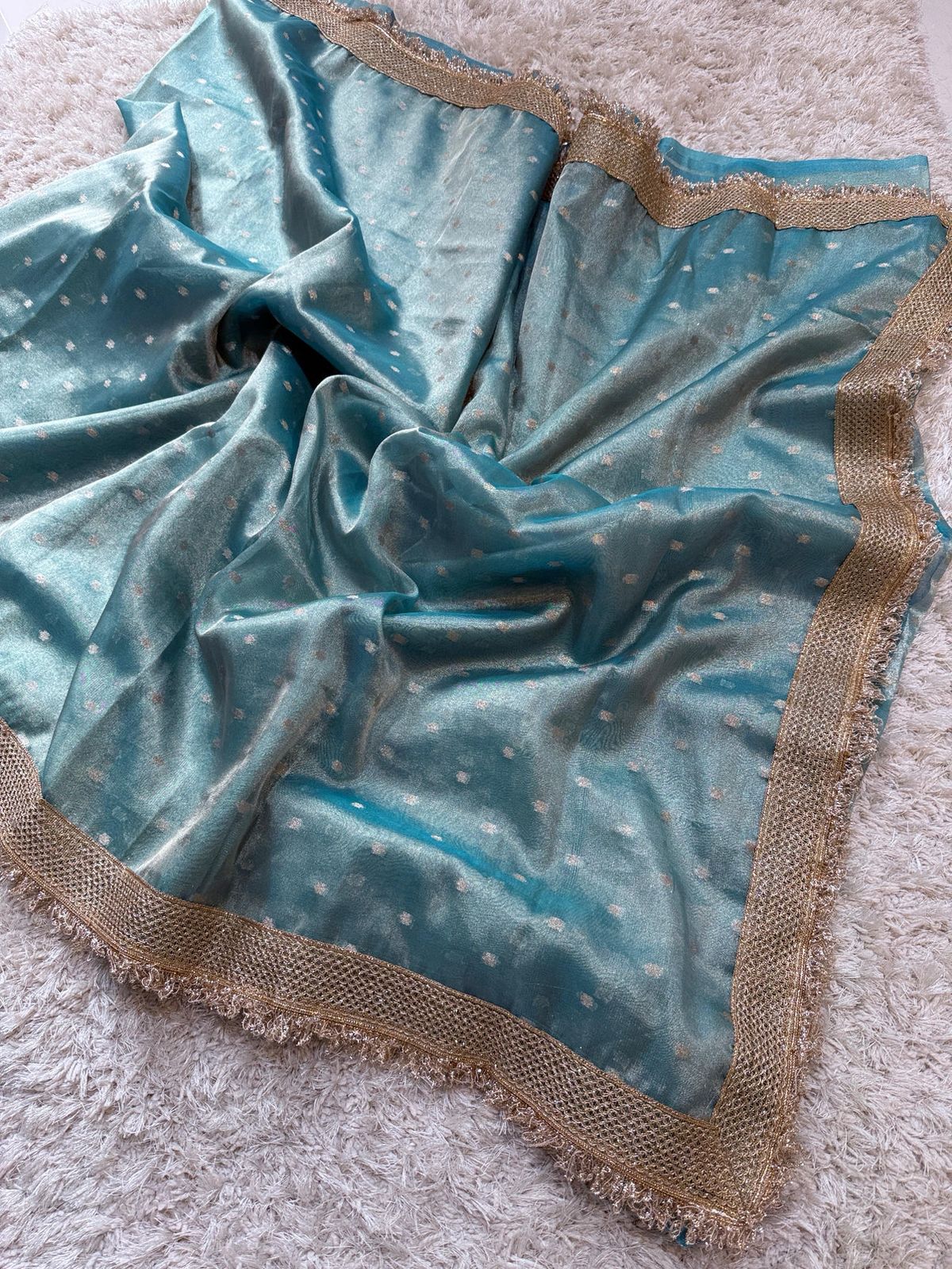 Firoza Blue Tissue Silk Saree with Delicate Zari Butis and Fringed Border