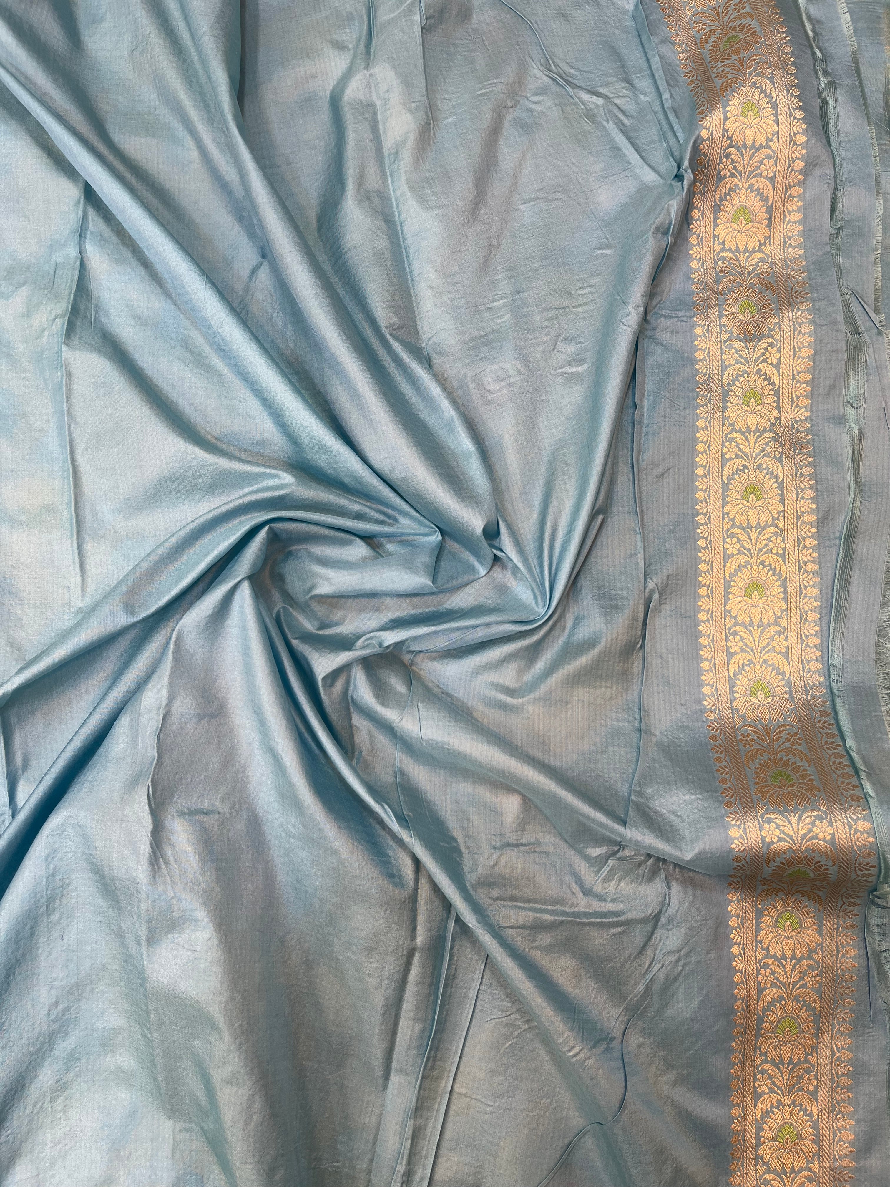 Powder Blue Pure Katan Silk Banarasi Jangla Cutwork Saree with Meenakari Jaal and Gold Zari Border