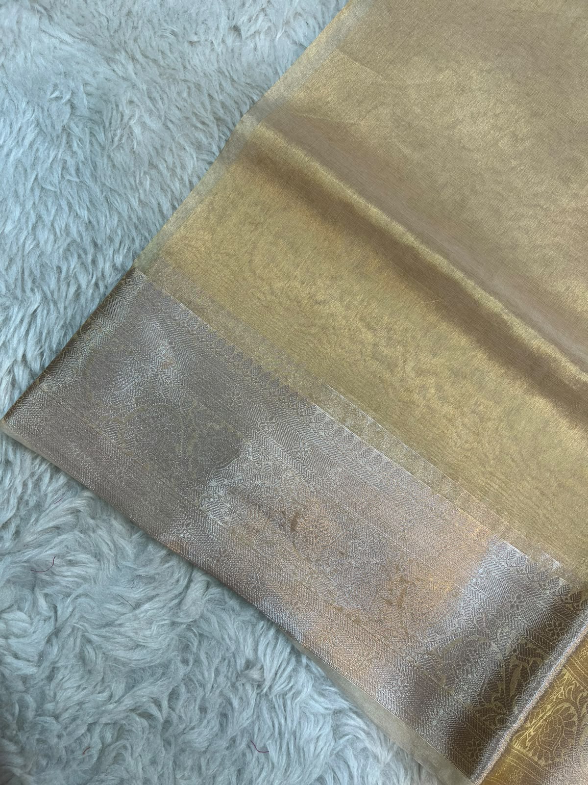 Pure Banarasi Tissue Silk Saree in Soft Gold with Gold Zari Floral Jaal Border