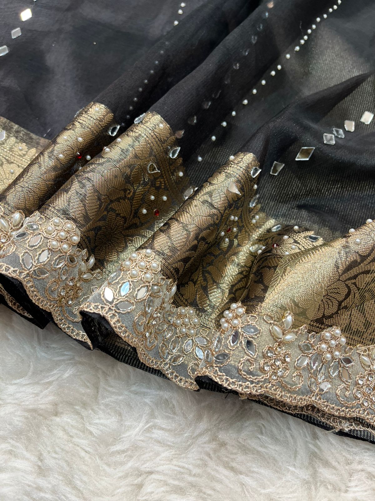 Jet Black Banarasi Tissue Silk Saree with Real Mirror Embellishments and Scalloped Gota Lace Border