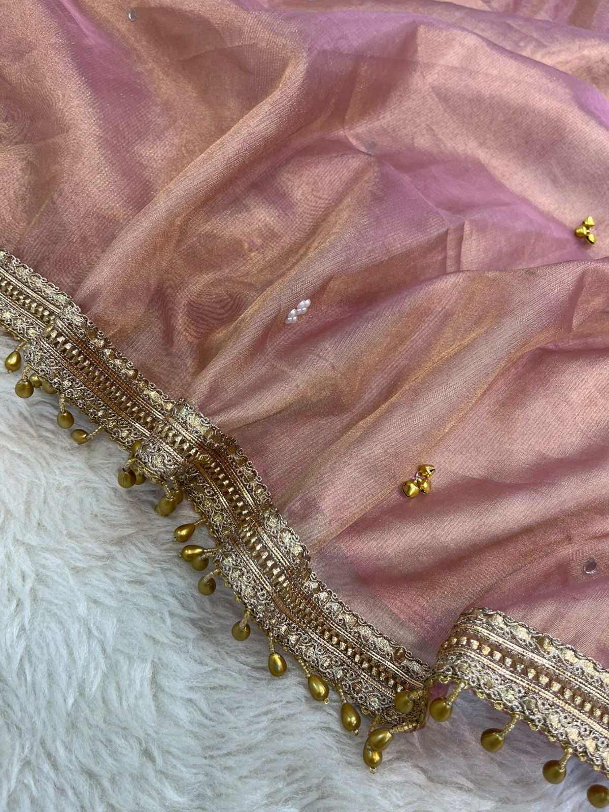 Rose Gold Dual-Tone Tissue Silk Saree with Ghungroo & Handcrafted Stonework Border