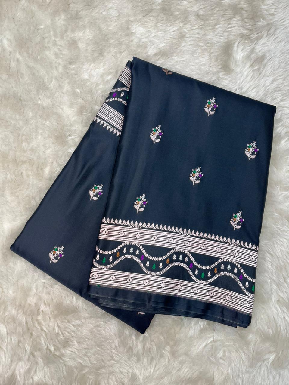 Midnight Black Mashru Silk Saree with Gold Zari Floral Bootis & Contemporary Wavy Border