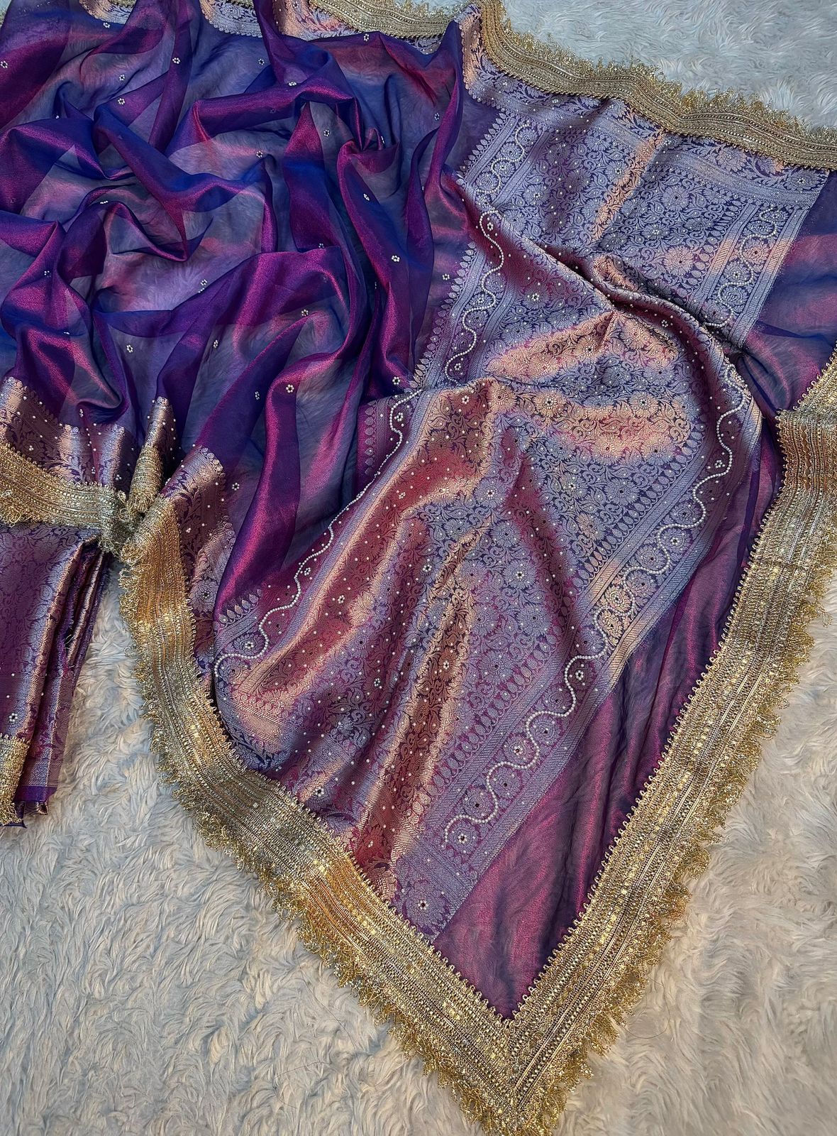 Purple Maharani Tissue Silk Saree with Banarasi Zari Pallu,Intricate Stonework,and Designer Lace Border