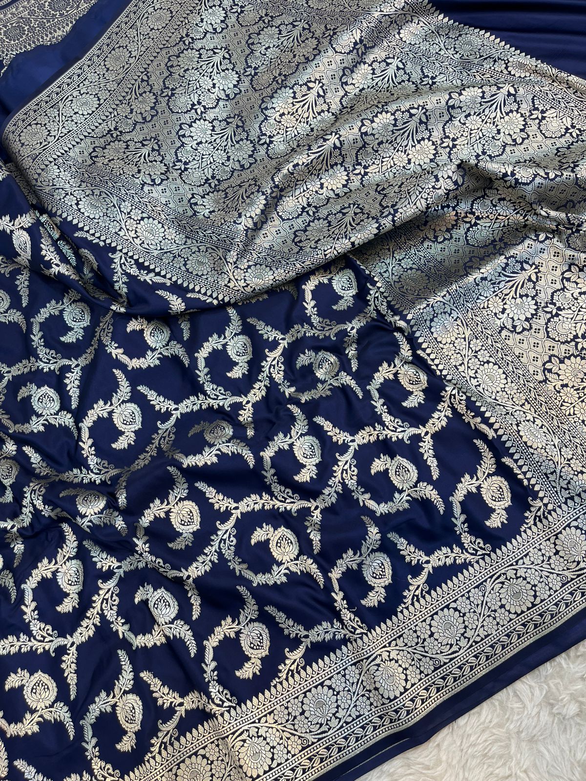 Royal Indigo Banarasi Mashru Silk Saree with Antique Golden Zari Jaal