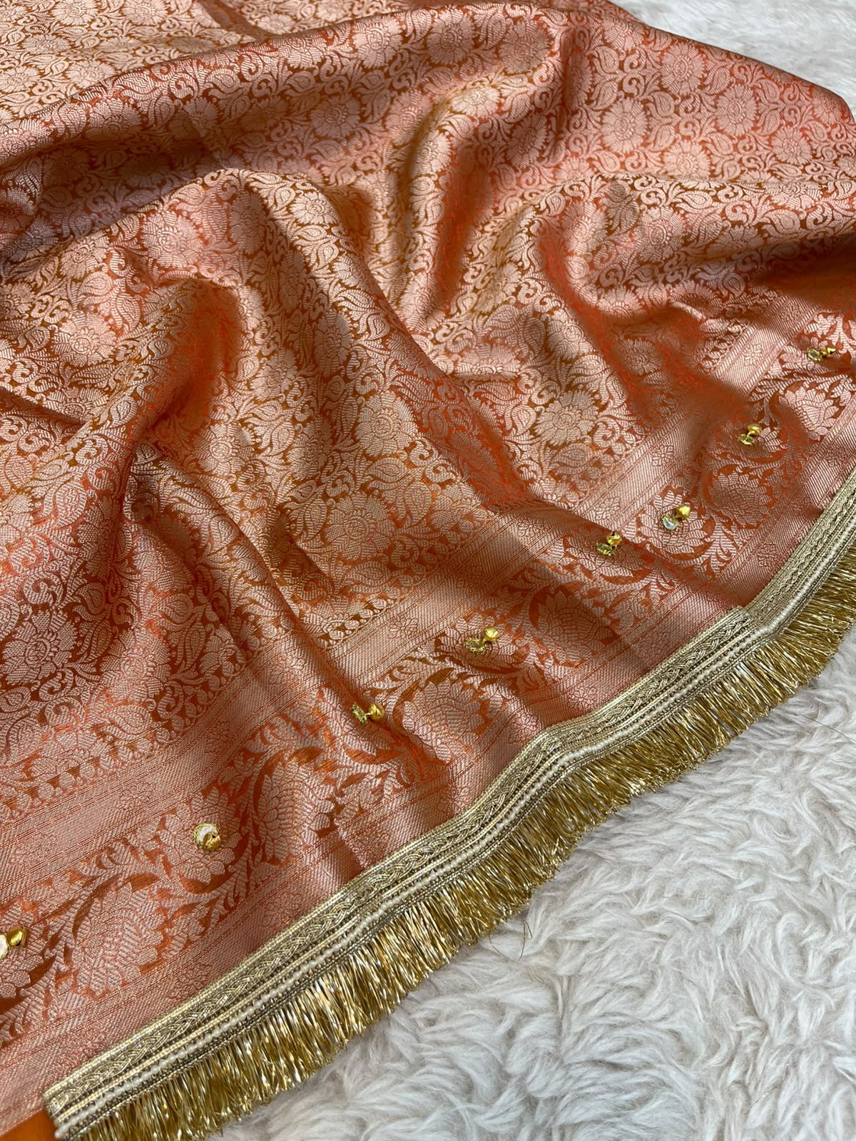 Rust Orange Soft Tissue Silk Saree with Ghungroo & Zari Border Work