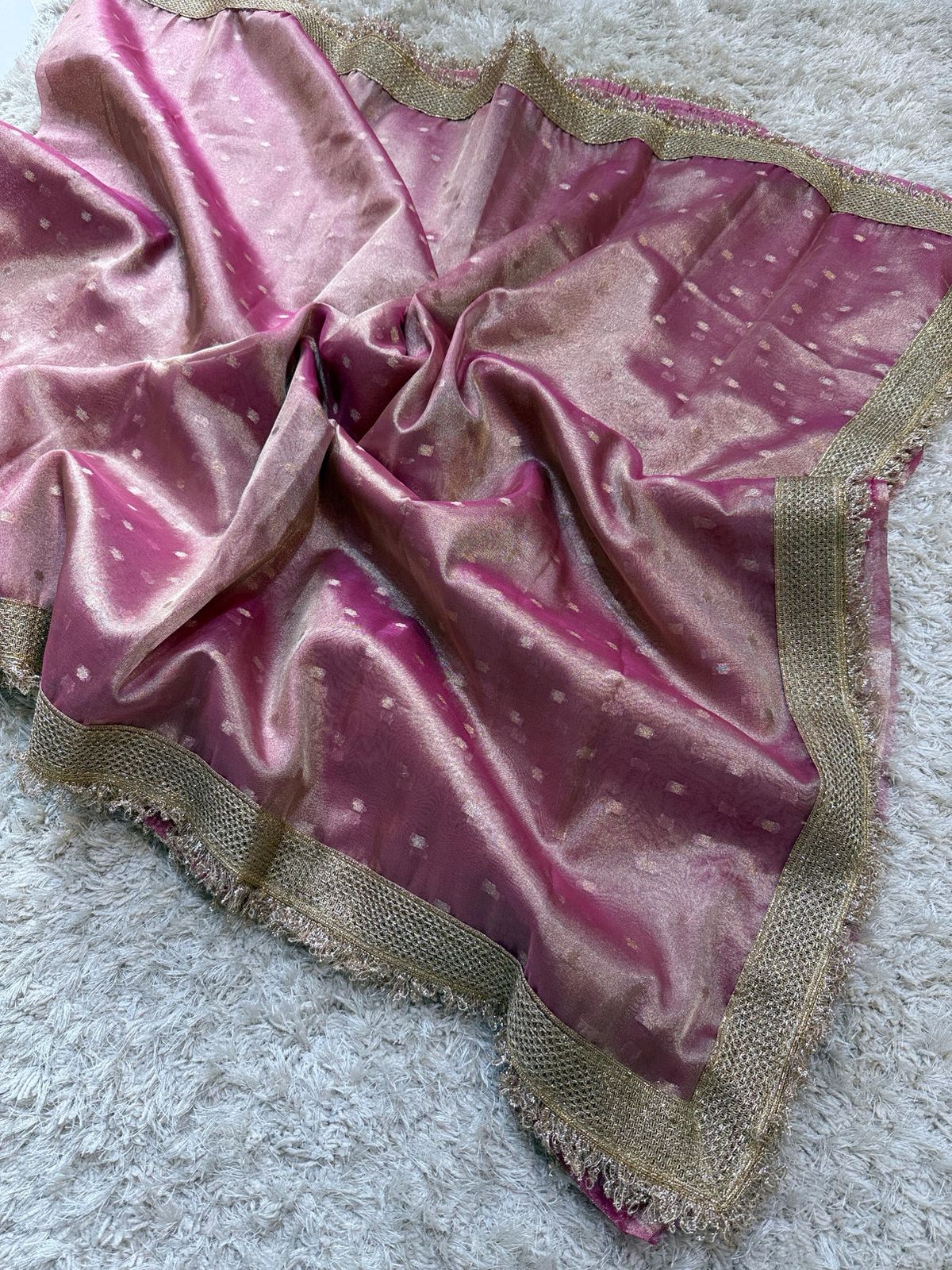 Onion Pink Tissue Silk Saree with Delicate Zari Butis and Fringed Border
