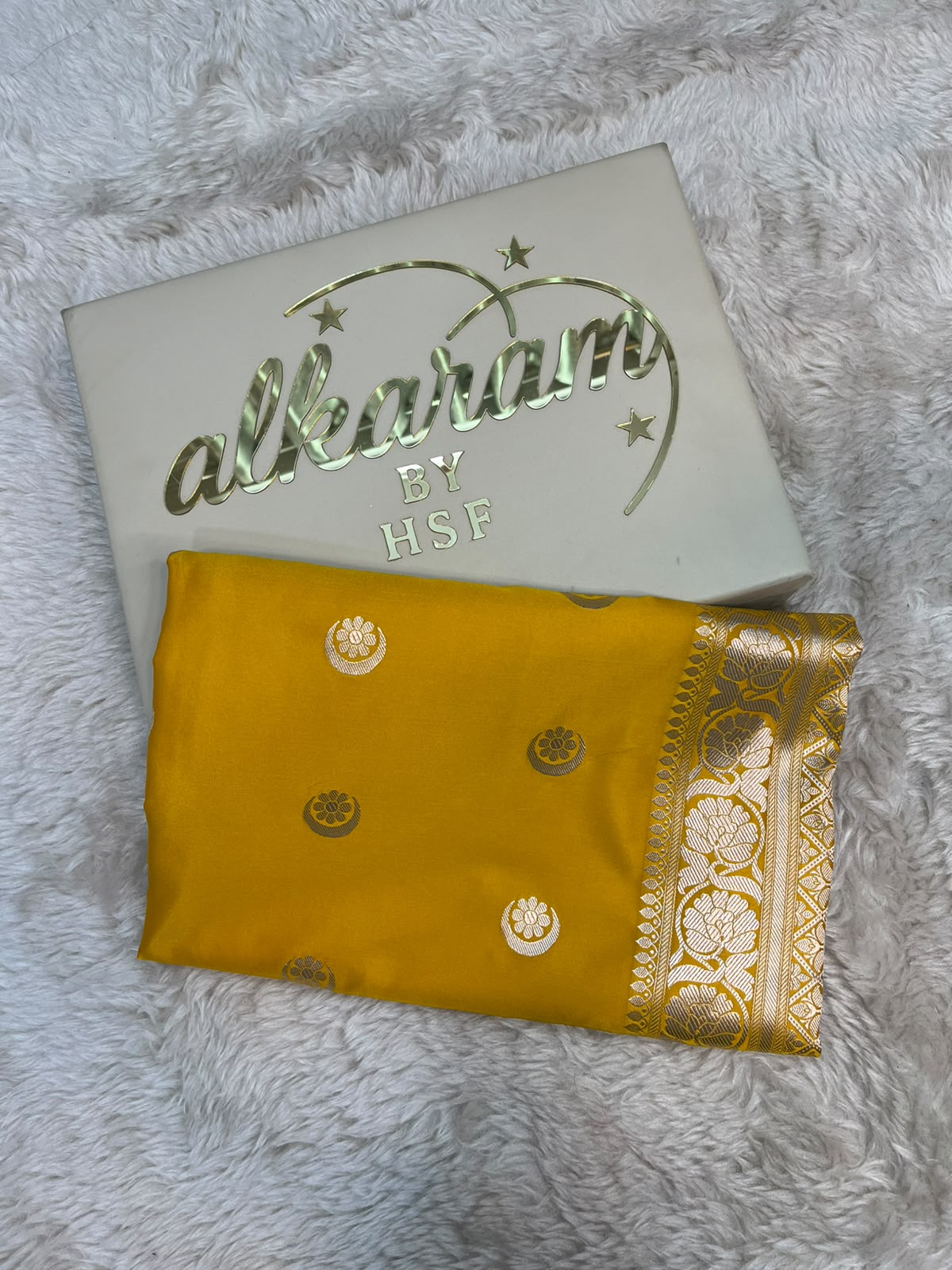 Haldi Yellow Satin Silk Banarasi Saree with Gold Zari Chand Tara Booti & Rich Jacquard Pallu