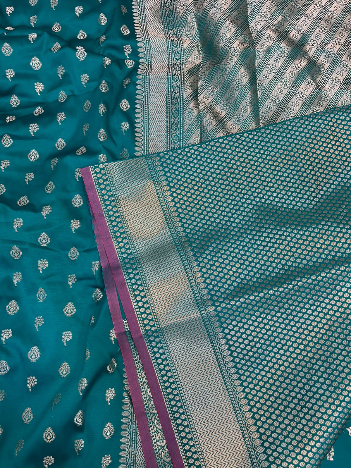 Teal Blue Banarasi Soft Katan Silk Saree with All-Over Zari Buti & Rich Pallu