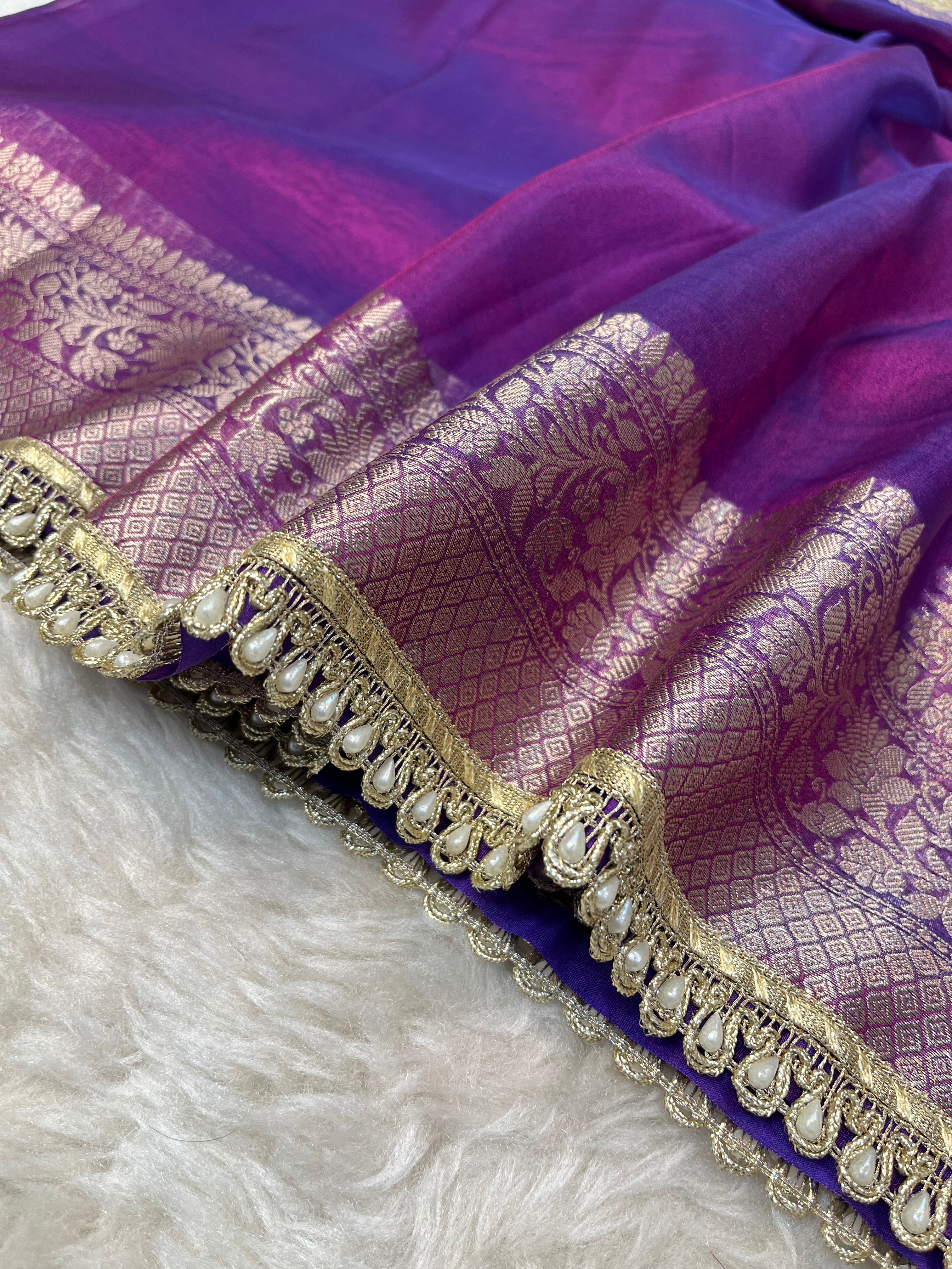 Royal Amethyst Dual-Tone Tissue Silk Saree with Pearl-Drop Scalloped Lace