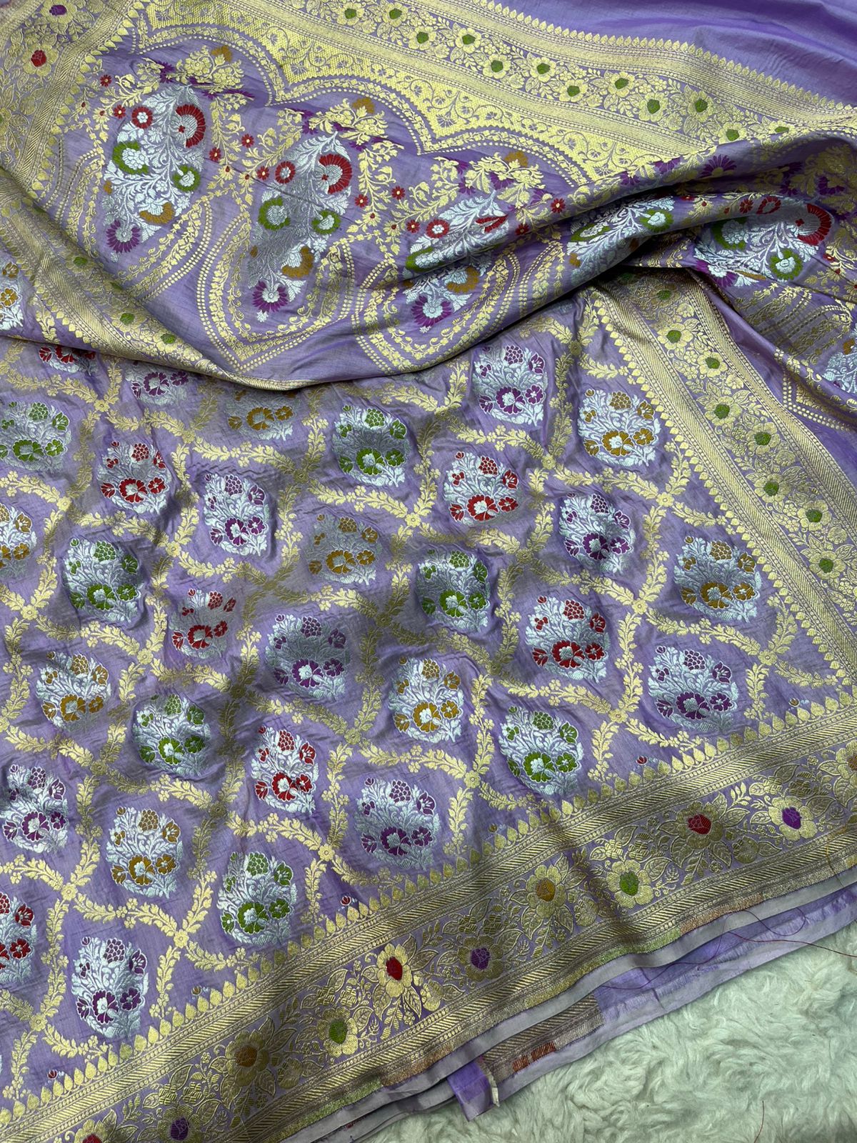 Imperial Lavendar Pure Katan Silk Saree with Traditional Meenakari Floral Medallions