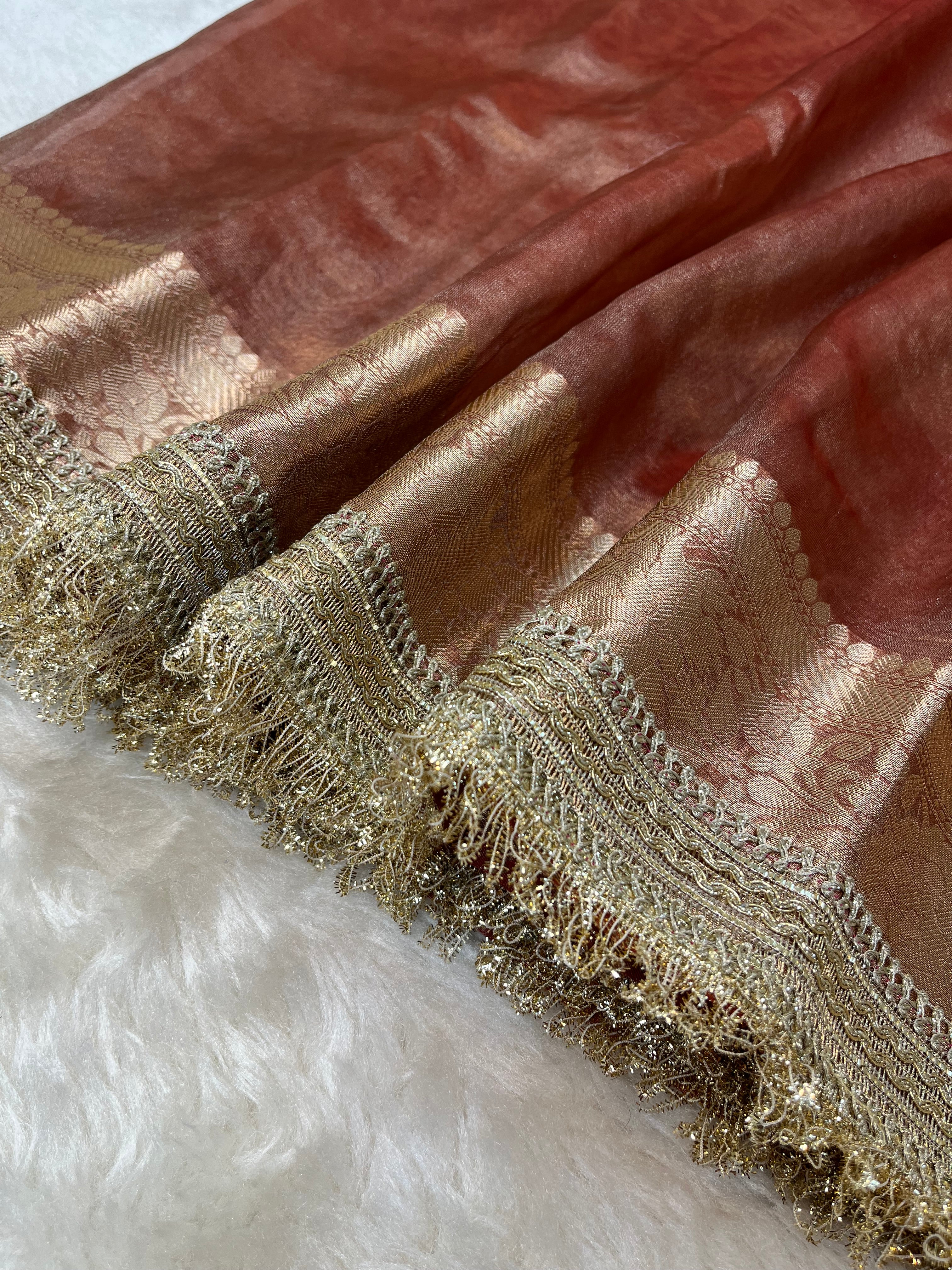 Luminous Metallic Copper Tissue Silk Saree Featuring Vintage Fringe & Scalloped Zari Borders
