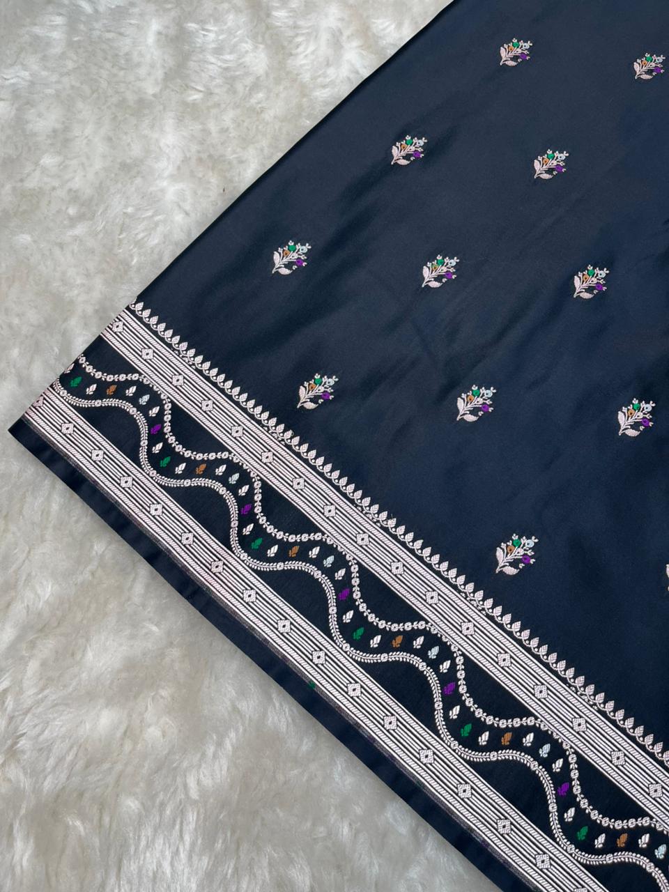 Midnight Black Mashru Silk Saree with Gold Zari Floral Bootis & Contemporary Wavy Border