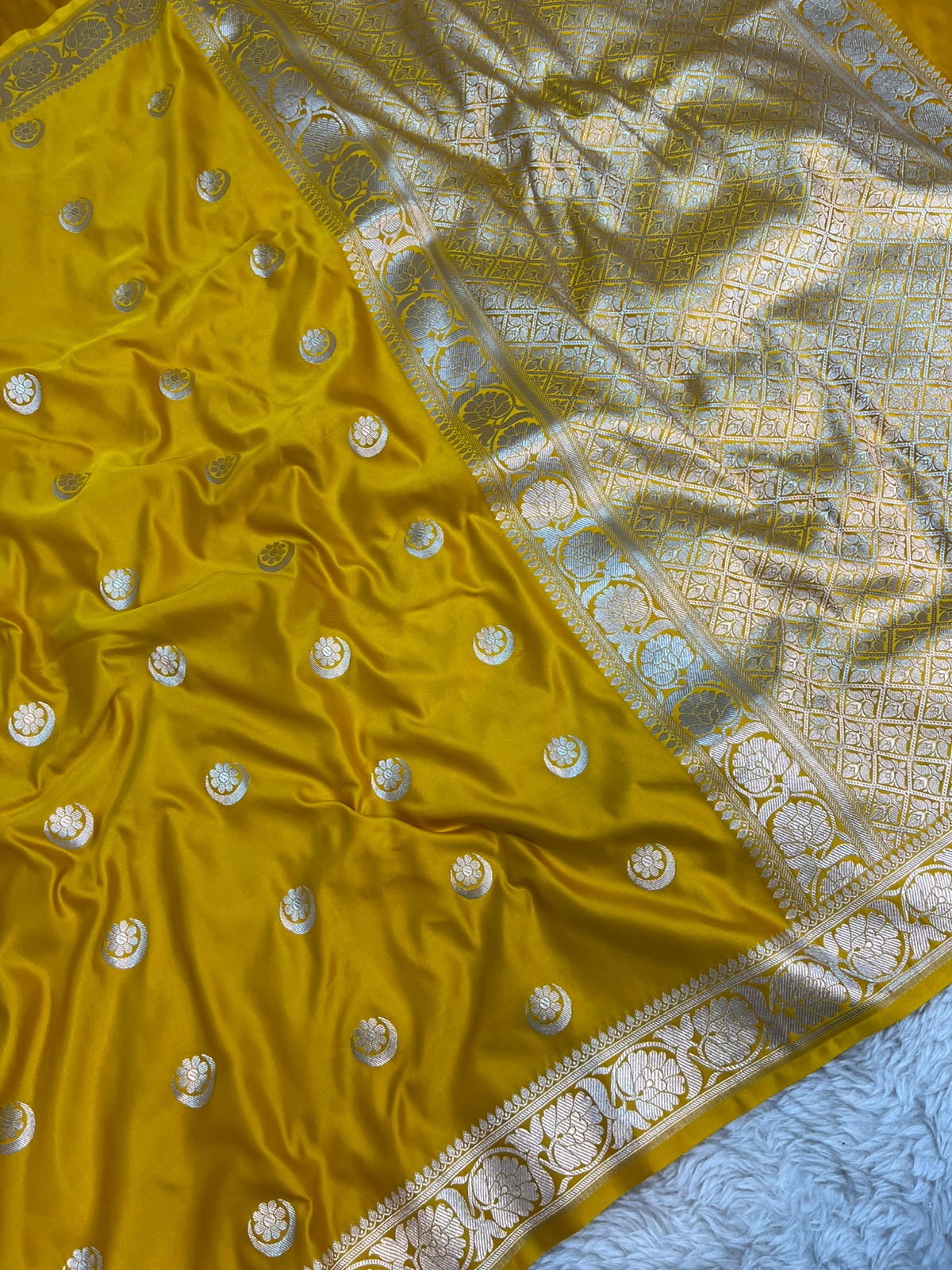 Haldi Yellow Satin Silk Banarasi Saree with Gold Zari Chand Tara Booti & Rich Jacquard Pallu