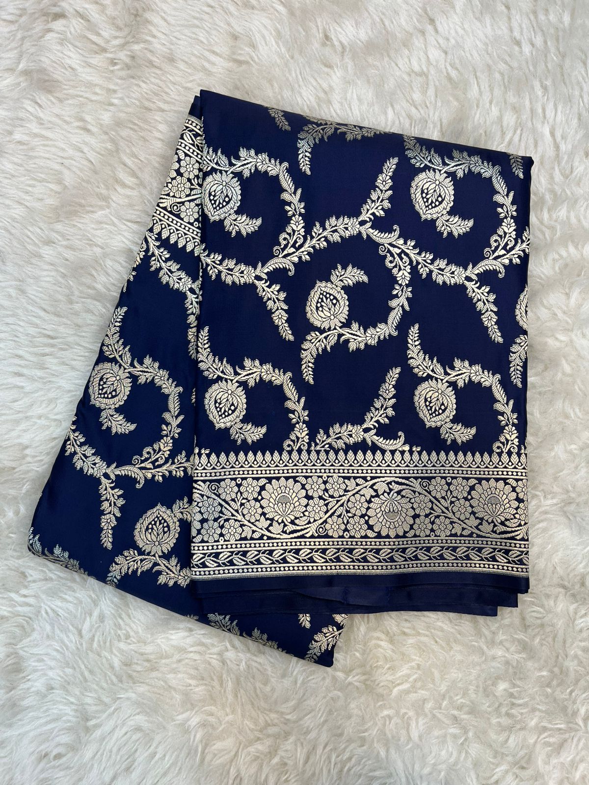 Royal Indigo Banarasi Mashru Silk Saree with Antique Golden Zari Jaal